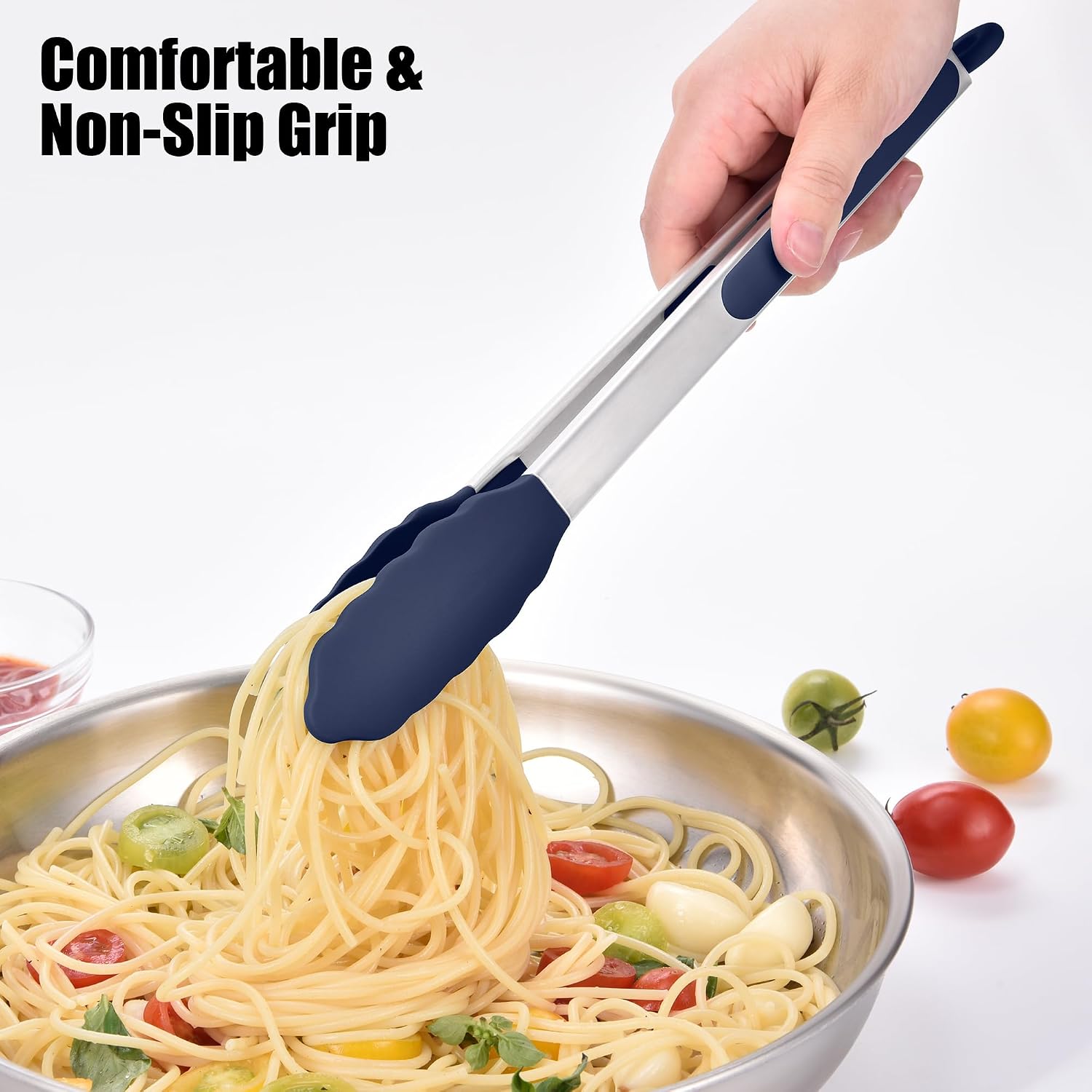 Doosu Kitchen Tongs for Cooking - 600°F Heat Resistant Food Tong Set with Non-Scratch Silicone Tips, Heavy Duty Stainless Steel Locking Tong for BBQ, Grilling Steak, Serving (7+9+12in, Navy Blue) - Image 7