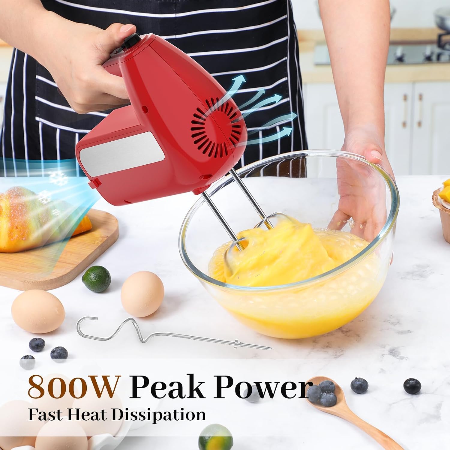 5-Speed Electric Hand Mixer, 800W Handheld Mixer with Turbo for Baking & Cooking, Kitchen Food Mixer with Storage Case & 6 Stainless Steel Attachments (2 Beaters, 2 Dough Hooks, 2 Whisks)-Red - Image 2