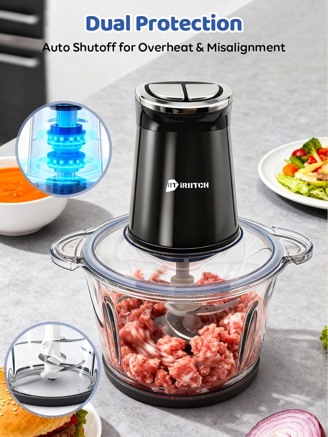 IRIITCH Food Processor with LED Timer, 800W Electric Chopper with 2 Bowls (12-cups Glass Bowl+12 cups Stainless Steel Bowl), 2 Set 6 Bi-Level S-Blades, Meat Grinder for Nuts, Onion, Garlic, Baby Food - Image 7