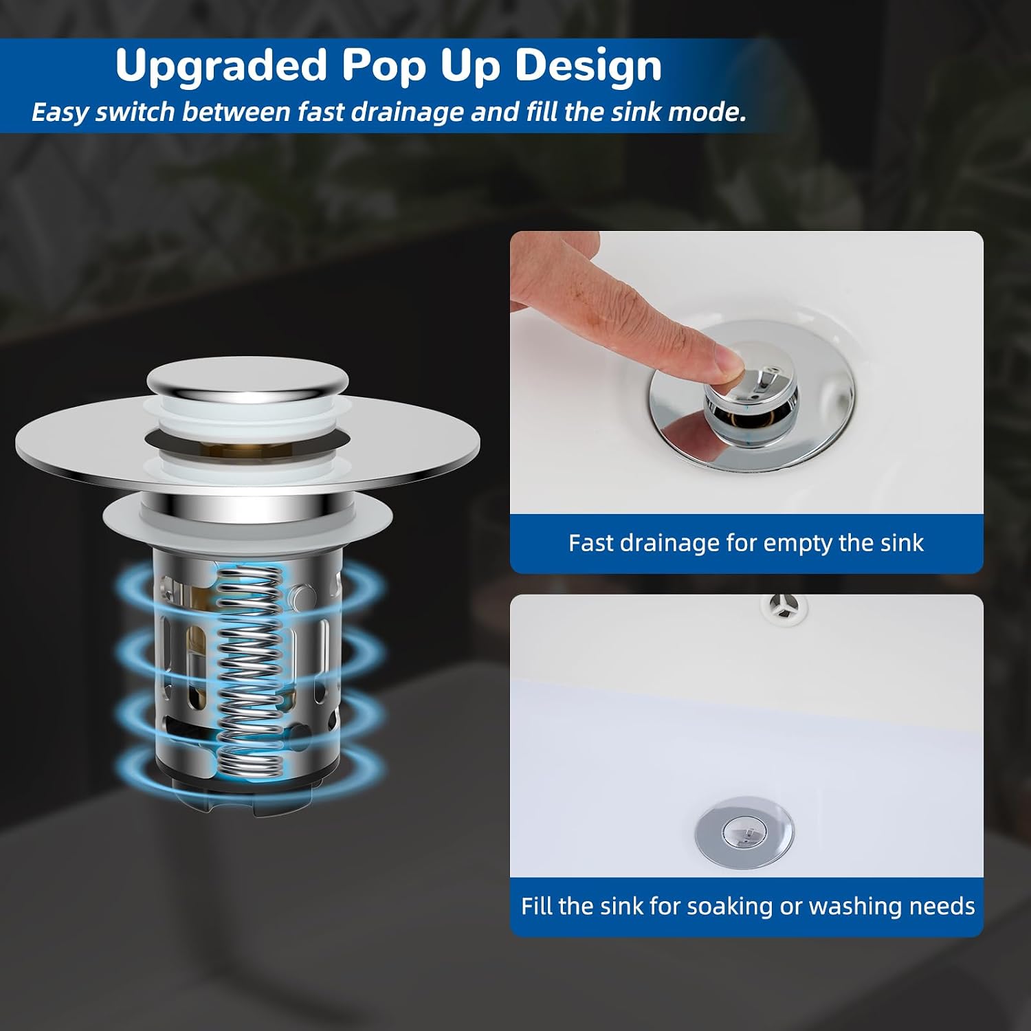 Hibbent Upgraded 3 in 1 Bathroom Sink Drain Strainer, Universal Pop Up Stopper with Removable Stainless Steel Filter Basket Hair Catcher, Sink Plug for 1.1''~2.36'' Basin, Brass Bullet Core, Chrome - Image 6