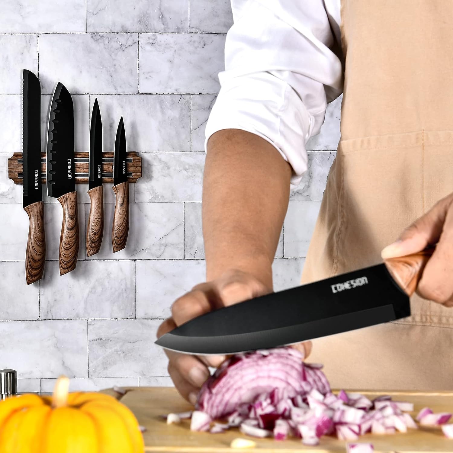 Cohesion 5 PCS Kitchen Knife Set with Magnetic Knife Holder for Wall, Ultra Sharp Chef Boxed Knife Set With Sheathes for Multipurpose Cooking with Ergonomic Handle - Image 3