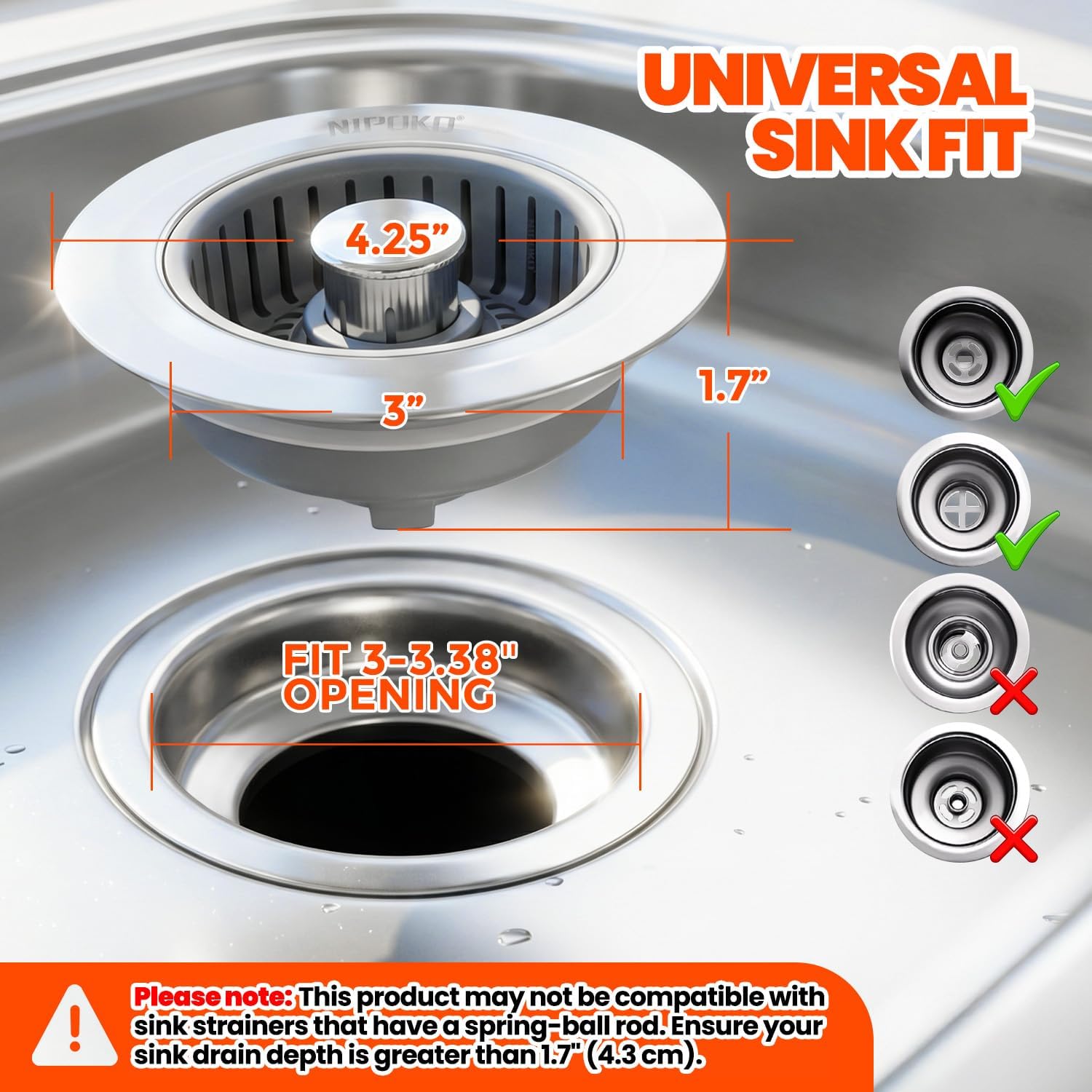 2 Pack Sink Drain Strainer - Sink Stopper, 3 in 1 Stainless Steel Kitchen Drain Plug with Deep Anti-Clog Basket and Odor-Blocking Seal, Pop-Up Design Fits Standard 3-1/2 Inch Sink - Image 6