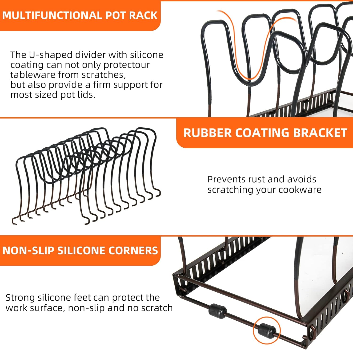 Pot Rack Organizer -Expandable Pot and Pan Organizer for Cabinet,Pot Lid Organizer Holder with 10 Adjustable Compartment for Kitchen Cabinet Cookware Baking Frying Rack,Bronze - Image 4