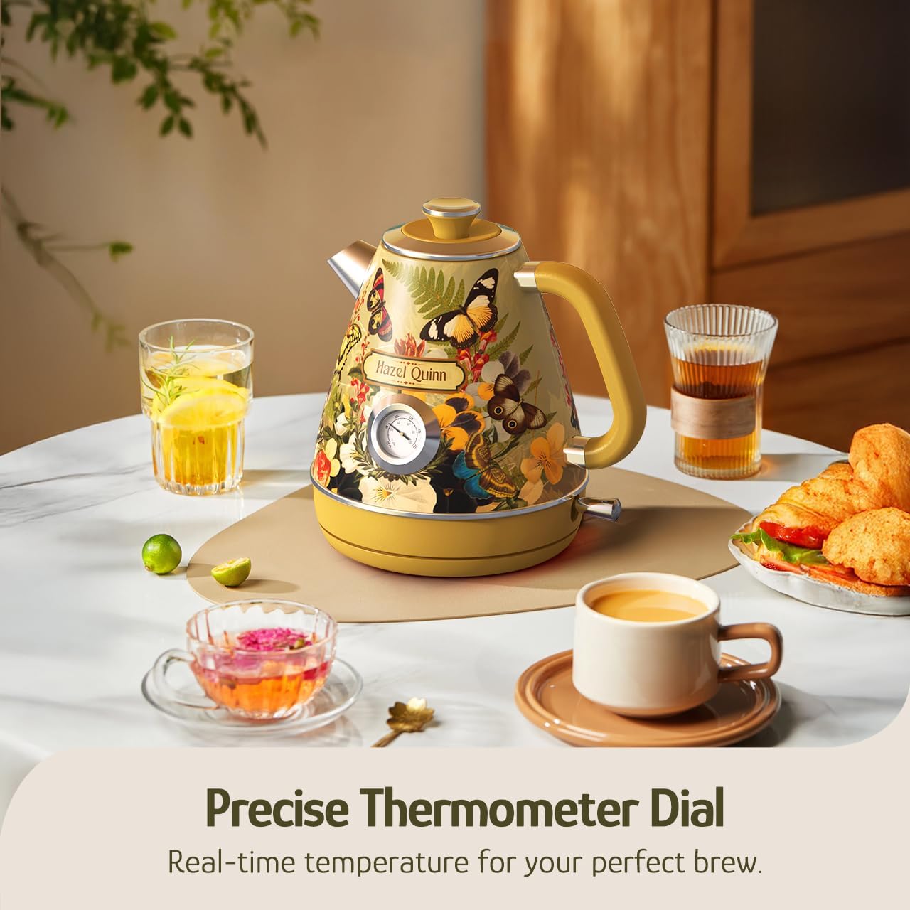 Hazel Quinn X Eduardo Recife Electric Kettle - 1200W Fast Water Boiling, 1.7L/57oz, All 304 Stainless Steel Interior, BPA-Free, Auto Shut-Off, Cordless Retro Teapot with Thermometer - Floral Patterned - Image 4