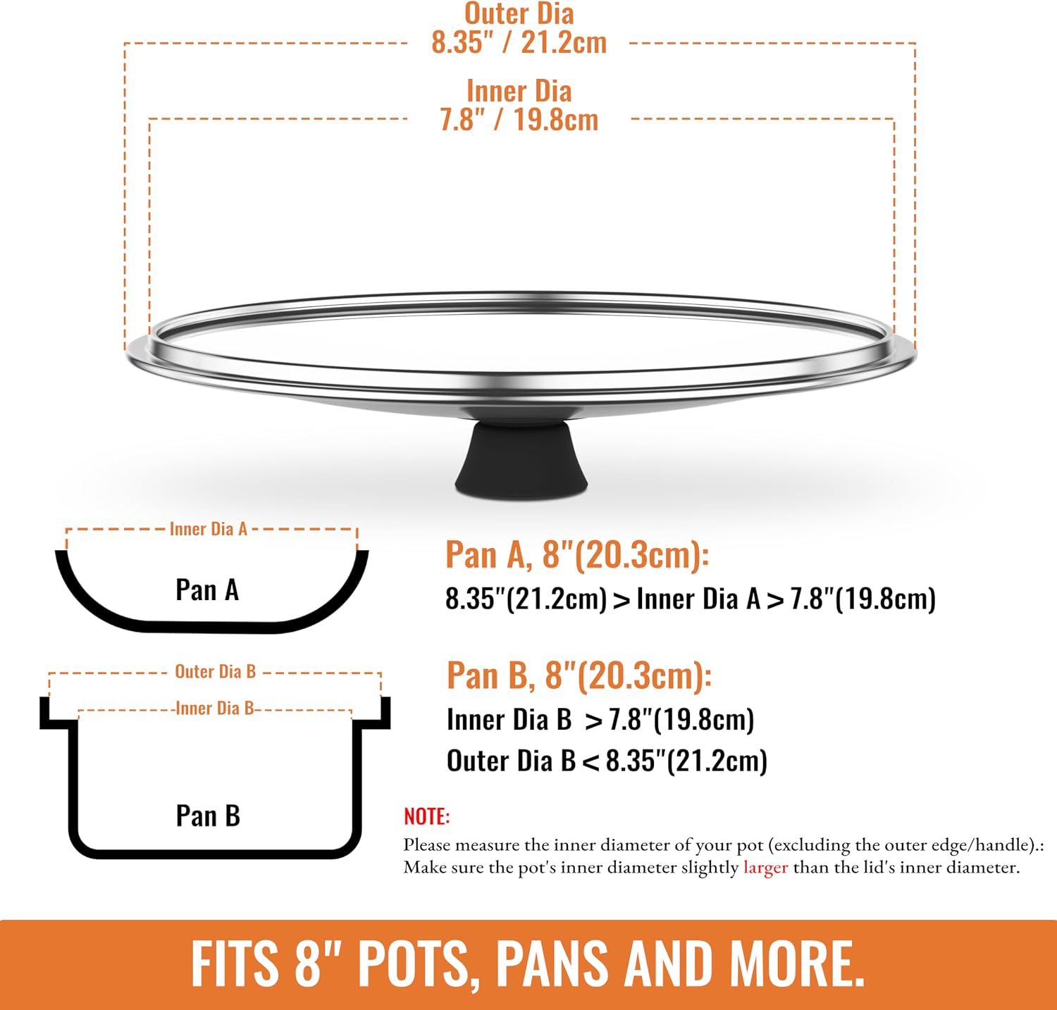 8 Inch Pan Lid For Pots Pans and Skillets, Cast Iron Skillet Lid, Tempered Glass Pan Lids, Replacement Pan Cover for Frying, Wok, Crock Pot Lid with Wide Stainless Steel Rim, Cooking Pot Covers - Image 3