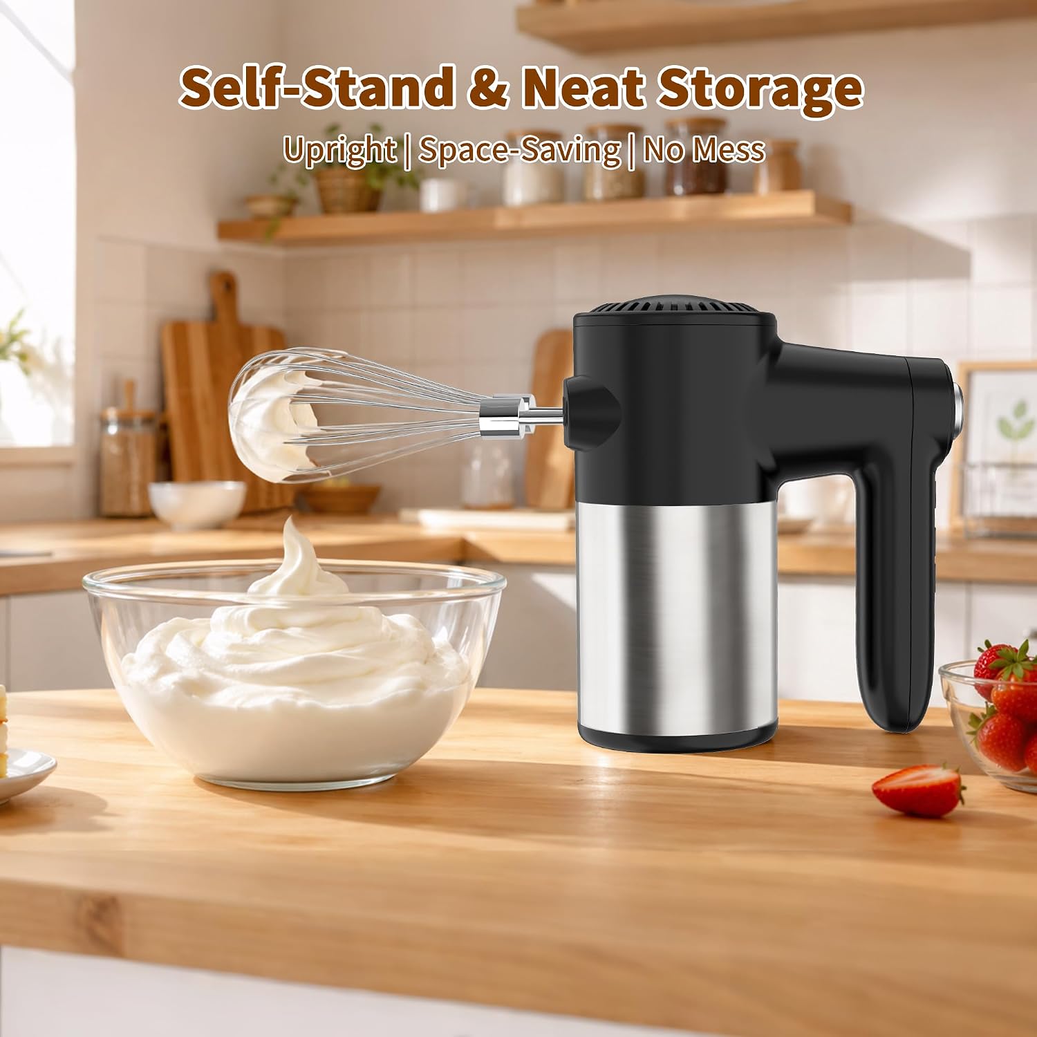 Cordless Electric Hand Mixer, 7 Speed Rechargeable Wireless Handheld Mixer with Eject Button, Long Battery, Quiet Anti-Splash, 6×304 Stainless Steel Attachments & Storage Base for Baking (Black) - Image 7