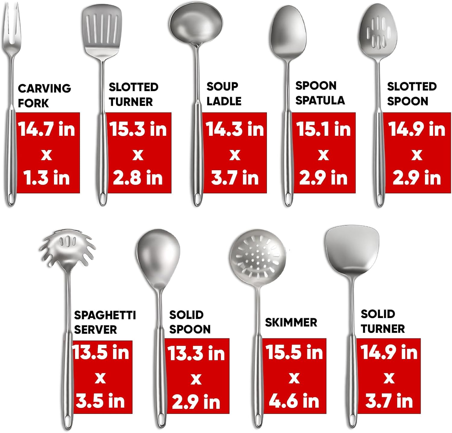 Newness 9 Pcs Cooking Utensils Set, 304 Stainless Steel Kitchen Utensils Set, Metal Kitchen Accessories, Include Soup Ladle, Slotted Skimmer Spoon, Spaghetti Spoon and Spatula, Dishwasher Safe - Image 7