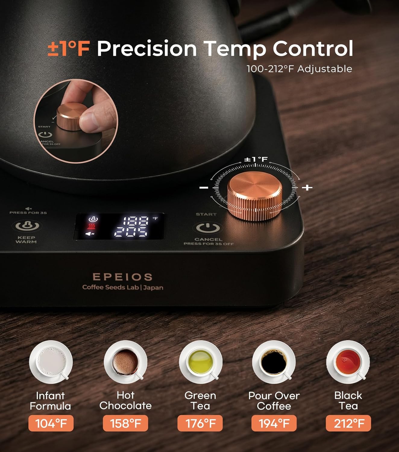 Epeios Electric Kettle, Gooseneck Electric Kettle with ±1°F Temperature Control, 1200W Rapid Heating for Pour Over Coffee & Tea, 304 Stainless Steel Interior, Auto Shut-Off, 0.9L, Black - Image 3
