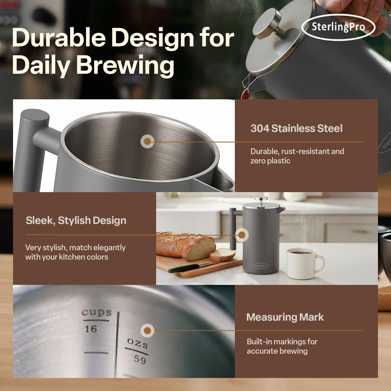 SterlingPro Extra Large Insulated Stainless Steel French Press Coffee Maker 59oz – Insulated Metal XL Double Wall Coffee Maker | Plastic Free | Cool-Touch | Grey Finish | Makes up to 16 Cups / 8 Mugs - Image 6
