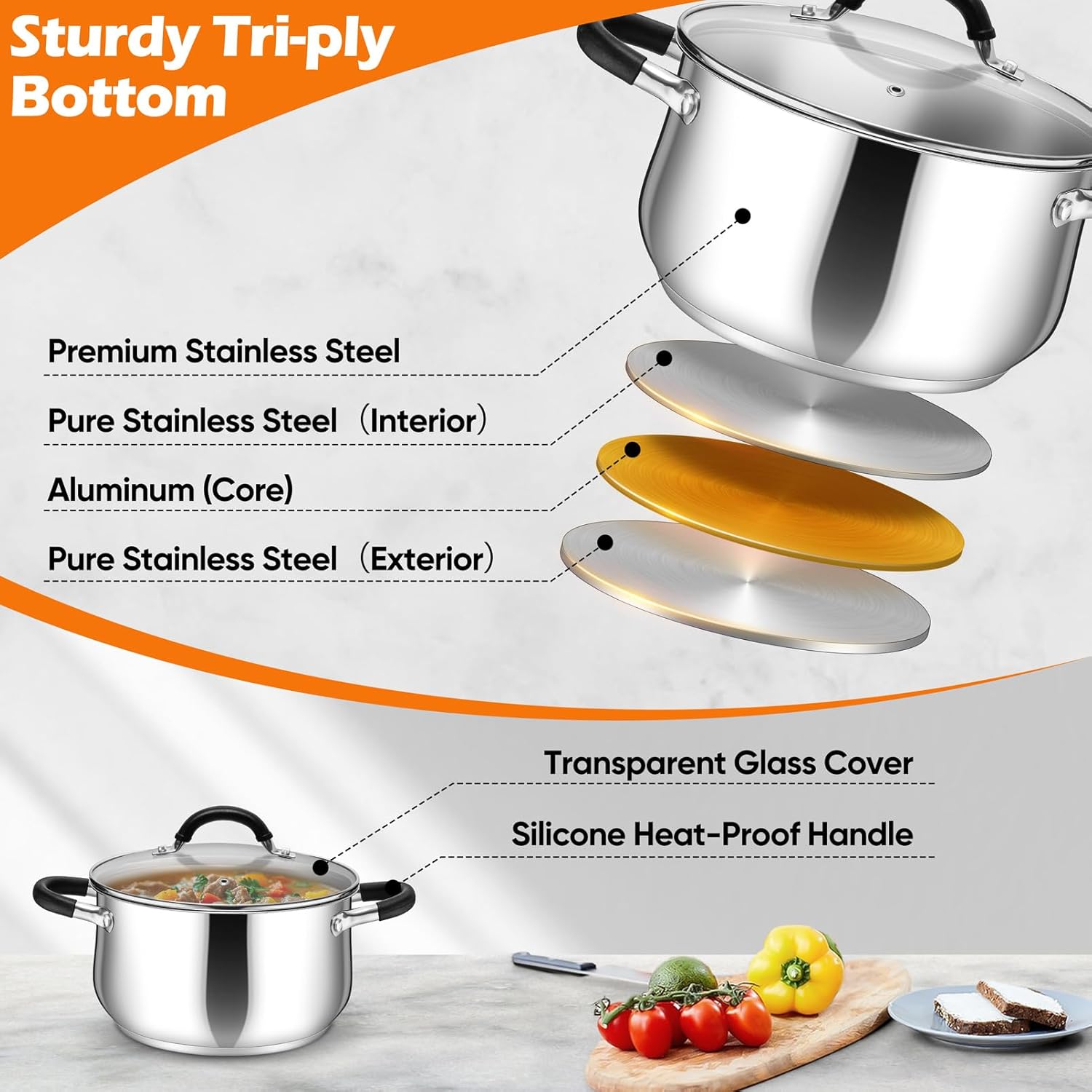 P&P CHEF Stainless Steel Stock Pot, 5 Qt Cooking Soup Pot with Visible Lid for Pasta, Tri-Ply Bottom & Dual Heatproof Handles, For Induction Gas All Stoves, Non-Toxic & Dishwasher Safe - Image 3