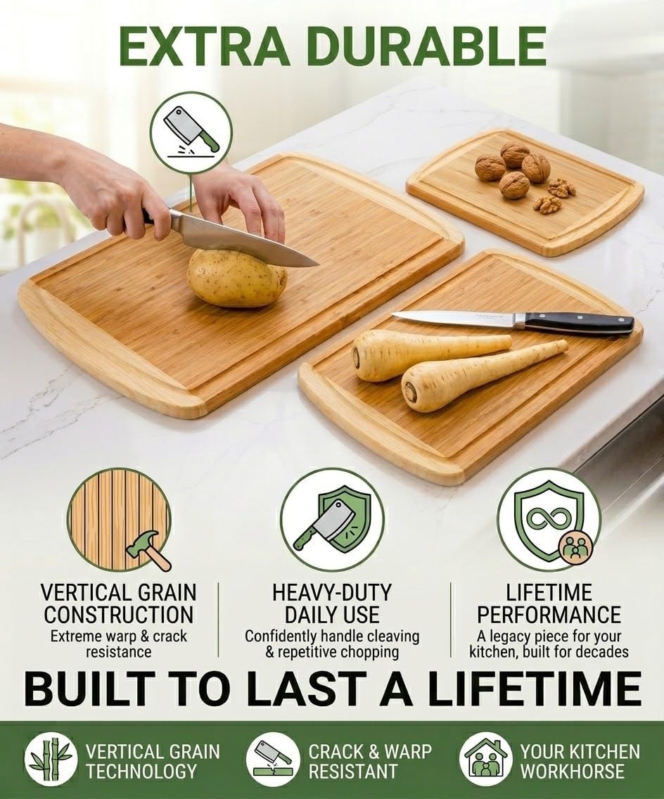 Greener Chef Luxury XL Bamboo Cutting Board Set of 3 with Vertical Grain Strength Technology - Extra Large Wood Cutting Boards for Kitchen and Lightweight Chopping Board Set - Replacements for Life - Image 4