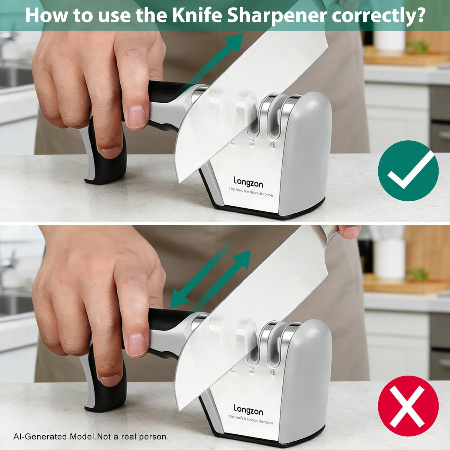 Longzon 5-in-1 Knife Sharpener 4 Stage with Cut-Resistant Glove, Quickly Sharpens & Restores Dull Blades, Easy & Safe for Home Kitchen Use, Fits Most Knives and Scissors, Black+Silver - Image 4