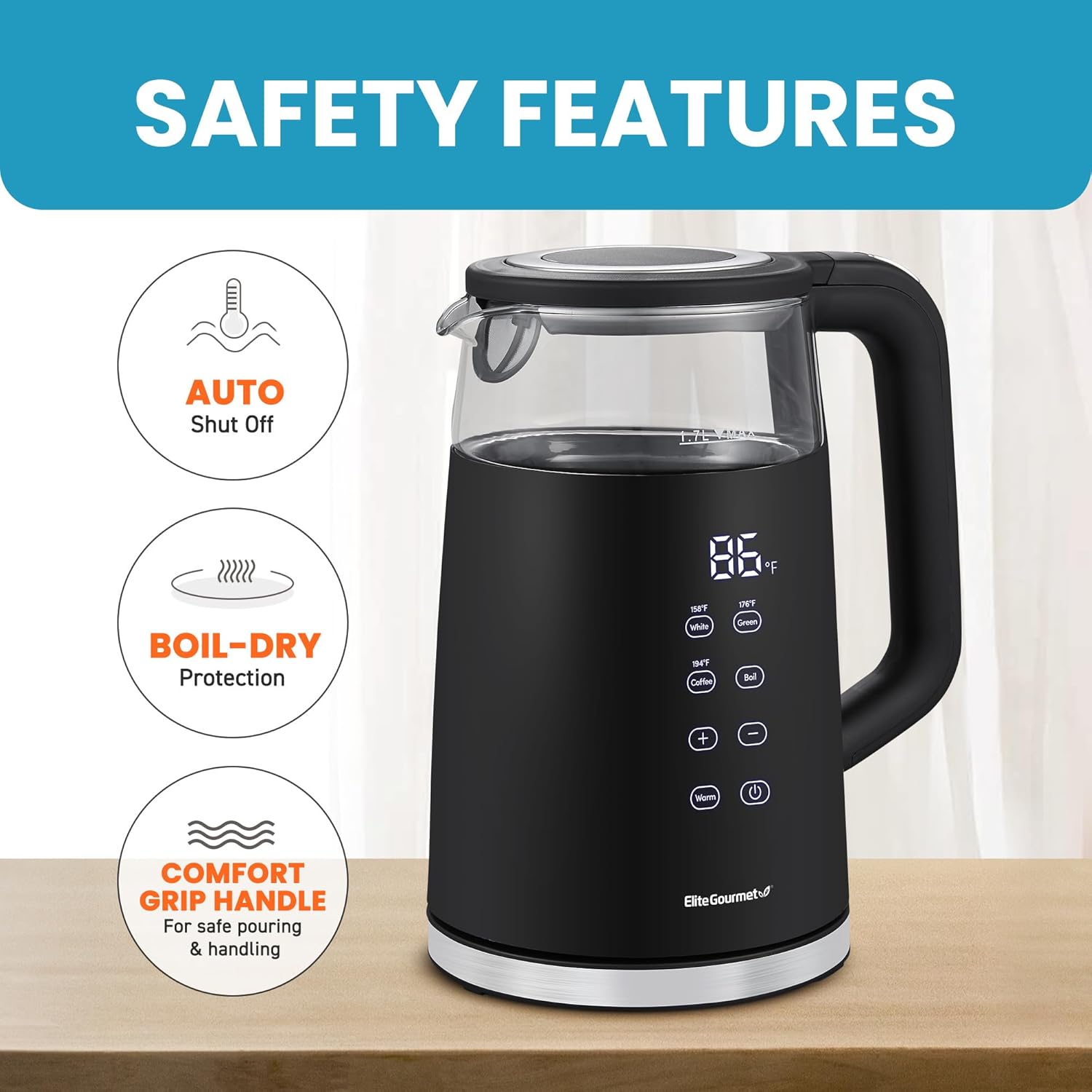 Elite Gourmet 1.7L Dual Wall Cool Touch Electric Tea Kettle, Borosilicate Glass, 304 Stainless Steel Interior, Programmed Digital Touchscreen, Keep Warm, Auto Off & Audible Indicator, Black - Image 5