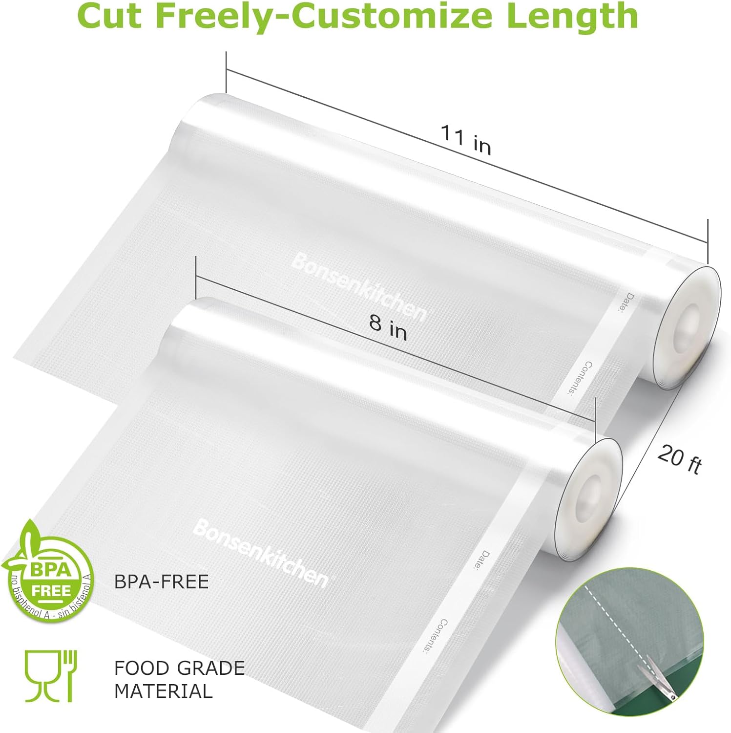 Bonsenkitchen Vacuum Sealer Rolls Bags, 6 Pack 3 Rolls 11" x 20' + 3 Rolls 8" x 20' Commercial Grade BPA Free Bag Rolls, Durable Customized Size Food Vac Bags for Storage and Sous Vide Cooking VB3211 - Image 2