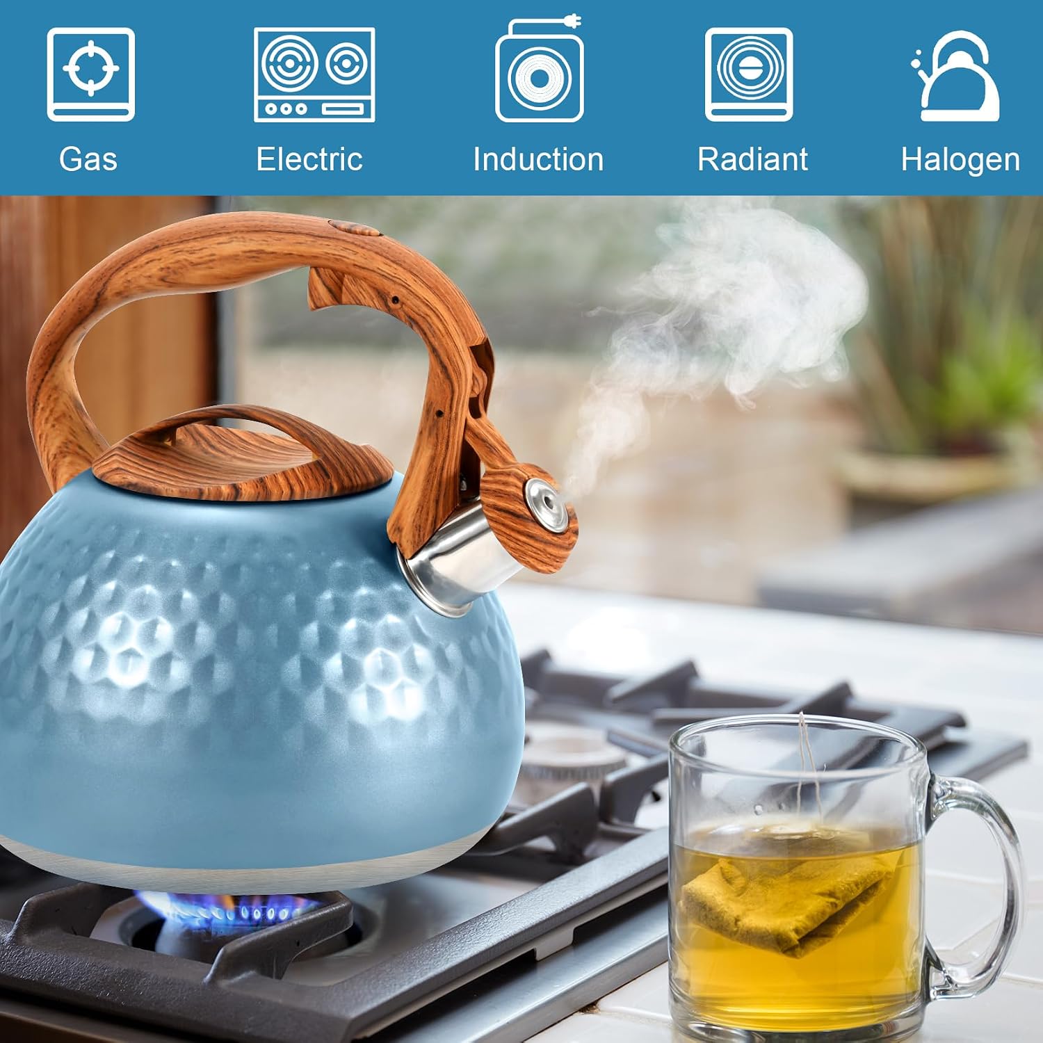 GGC Tea Kettle for Stove Top, Loud Whistling Kettle for Boiling Water Coffee or Milk, 3.1 Quart 3L Heavy Stainless Steel Blue Kettle with Wood Pattern Handle, Unique Button Control Kettle Outlet - Image 6