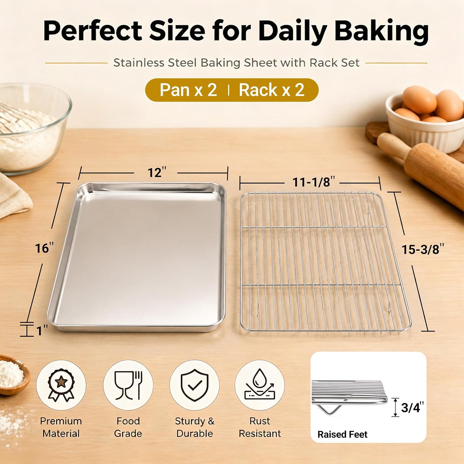 Onader Baking Sheet with Cooling Rack Set of 2, 16x12 Inch Stainless Steel Cookie Sheets for Baking, Metal Jelly Roll Pan with Rack for Oven, 2 Pans + 2 Racks, Nonstick & Rust Resistant - Image 2