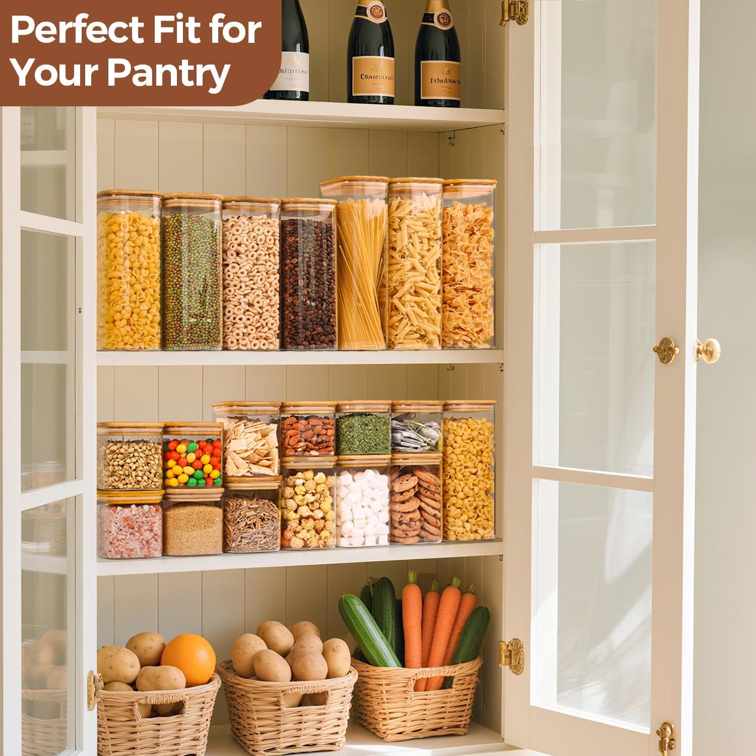 ComSaf Glass Pantry Storage Containers (0.7Qt/1.2Qt/1.6Qt) Set of 6, Glass Storage Containers with Lids, Kitchen Food Storage Jar, Square Glass Jars for Flour Cereal Sugar Tea Coffee Beans Snacks - Image 6