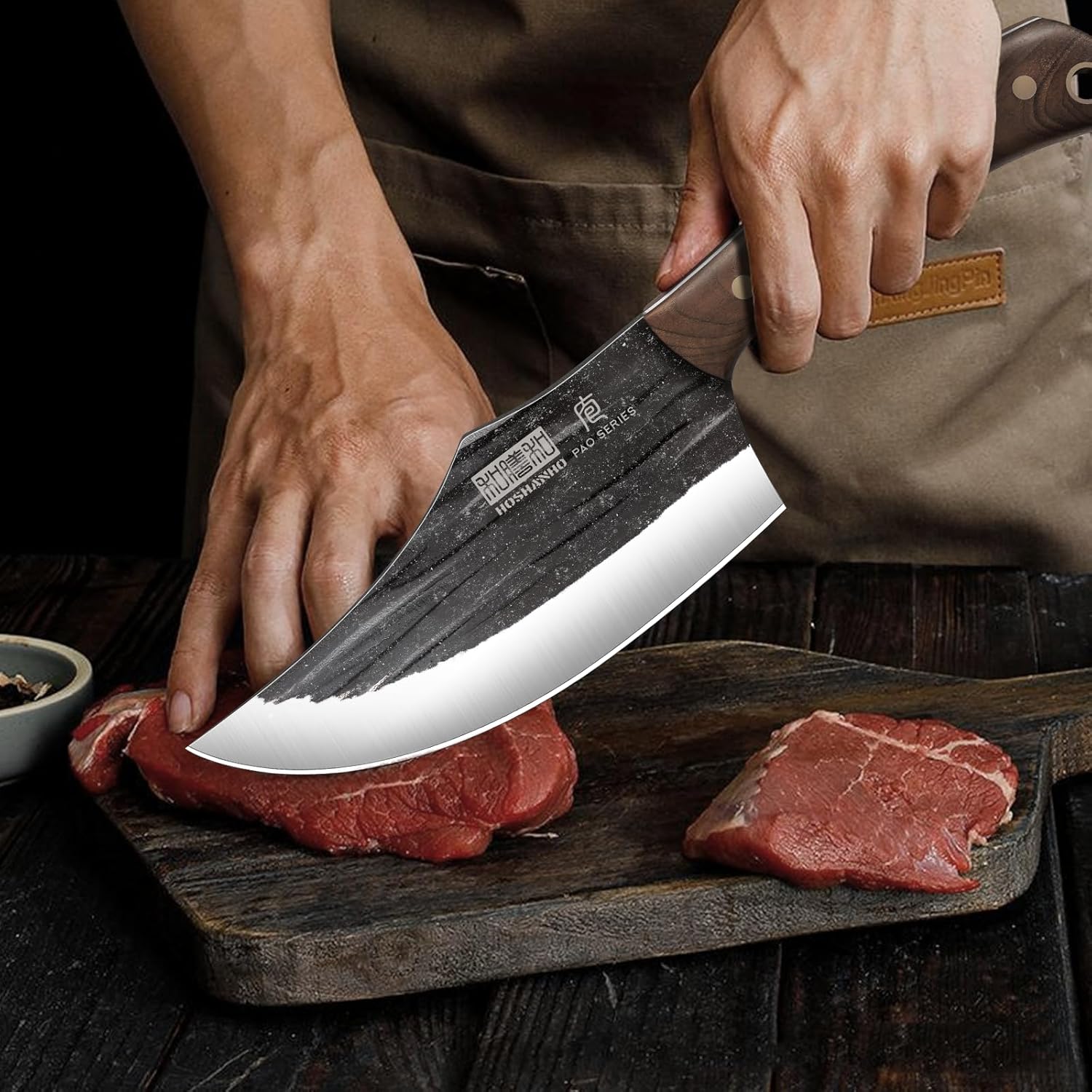 HOSHANHO Butcher Knife Set, Hand Forged Butcher Chef Knife Set with Roll Bag, Sharp Meat Cleaver Knife & Bone Chopper Knives & Fillet Knives for Home & Camping & BBQ Gift with Men - Image 6