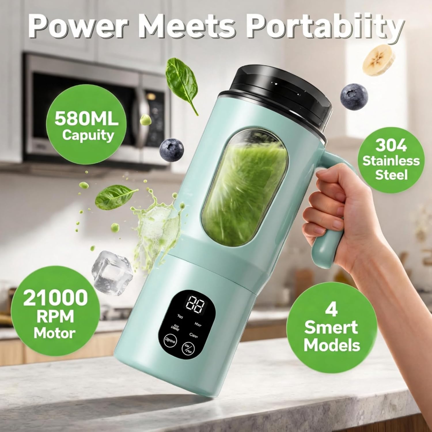 Portable Blender 12-Blades Portable Juicer for Smoothies, 580ml Rechargeable Personal Blenders with Handle & Extra Lid, USB-C Mini Blender Cup for Travel, Office, Gym, BPA-Free (Green) - Image 3