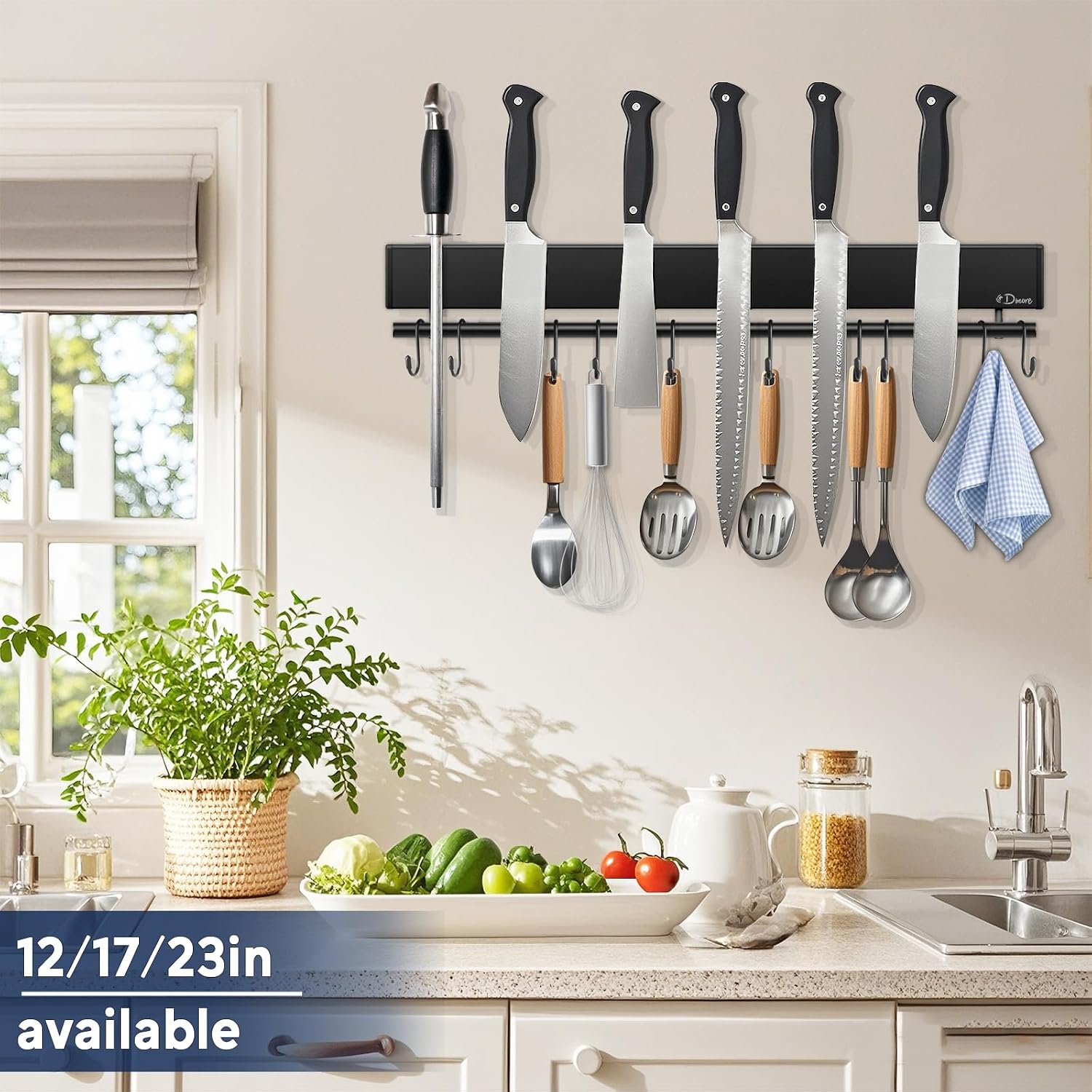 Dmore magnetic knife holder for wall—with 10 hooks, No Drilling 17 Inch black knife magnetic strip, Extra Strong Magnet knife rack, include Adhesive Tape and screws for Knives and Tools - Image 2