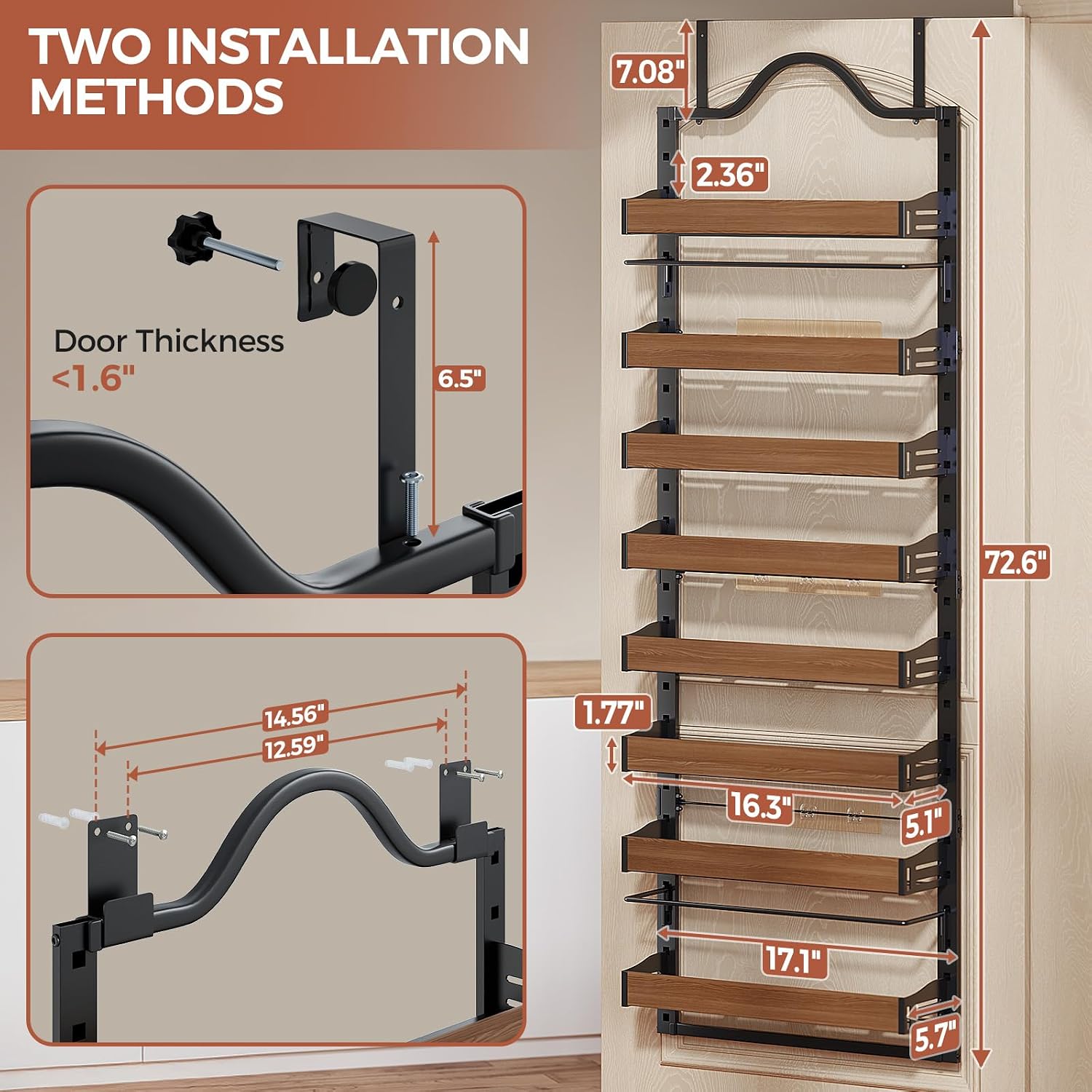8-Tier Pantry Door Organizer, Over the Door Pantry Organizer with Wooden Adjustable Baskets, 2 IN 1 Spice Rack Wall Mount or Door Organizer, Door Spice Rack for Pantry(72.6×17.1×5.1in,Black) - Image 2