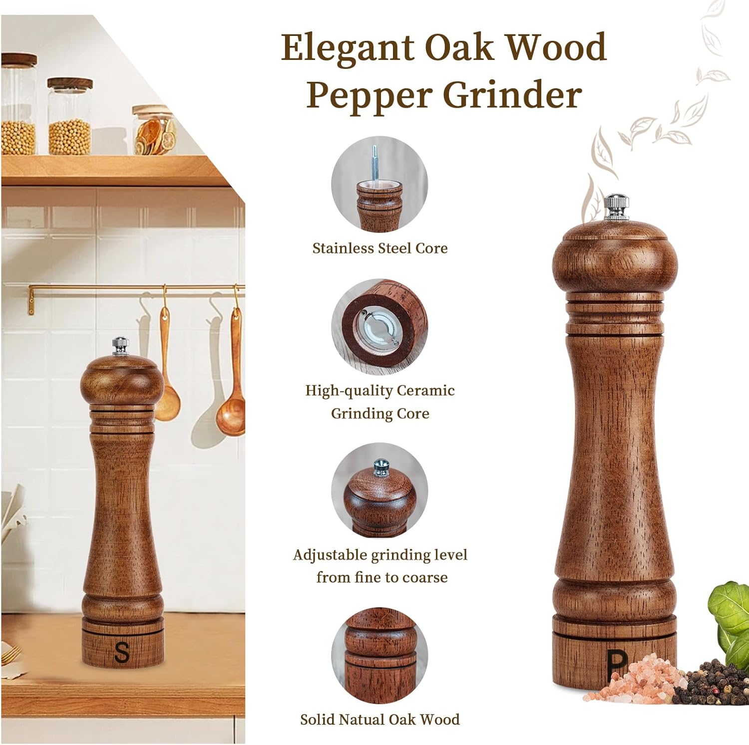 Haomacro Wooden Salt and Pepper Grinder Set Refillable Salt & Pepper Mills Adjust for Coarseness, Crafted of Solid Oak Wood with Ceramic Stainless Steel Core, 8 Inches - 2 Packs - Image 4