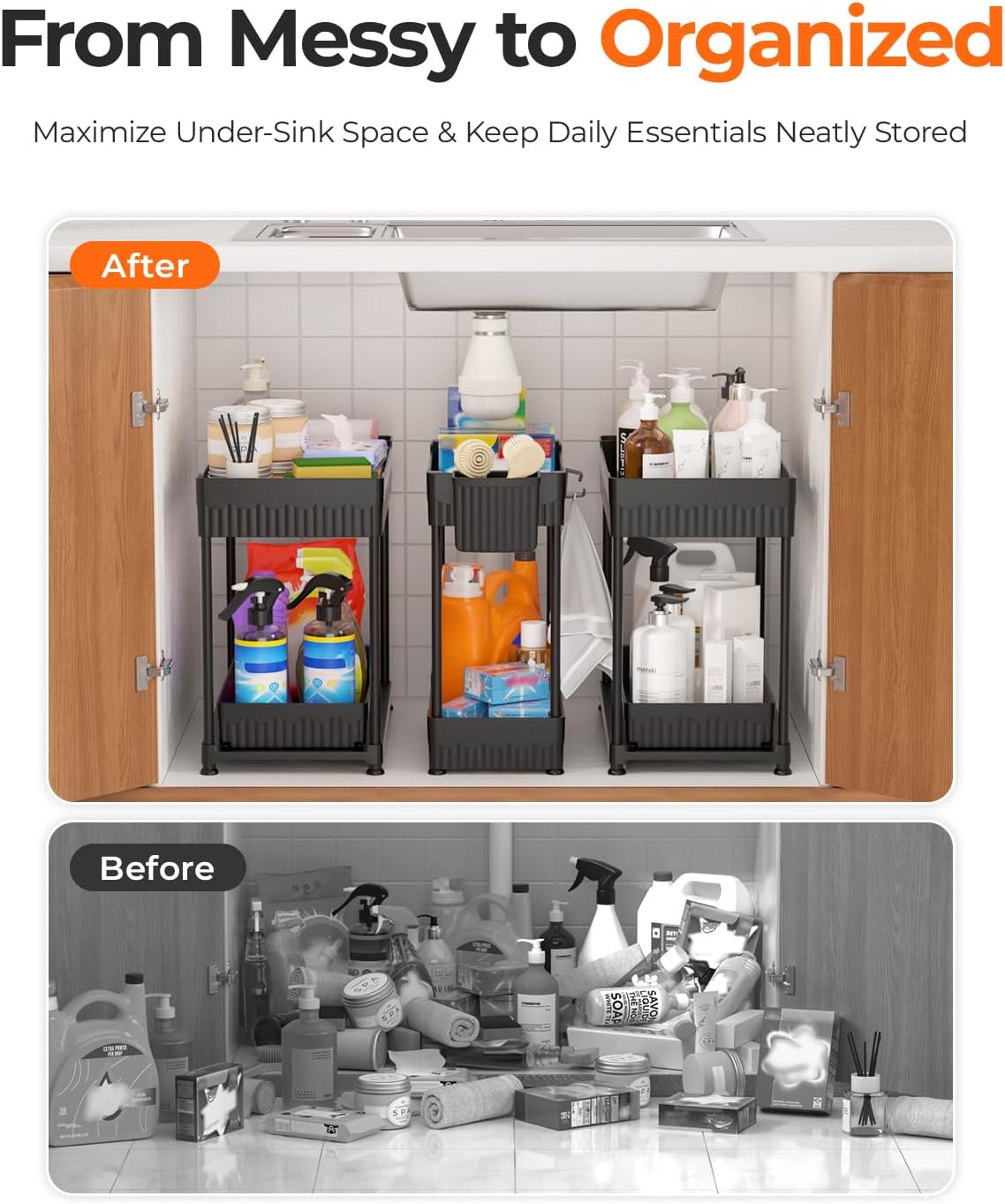 Sevenblue 3-Pack 2-Tier Under Sink Organizers with Sliding Drawers | Multi-use kitchen & bathroom storage, 12.8 inch black cabinet organizer, space-saving sliding drawer design. - Image 2