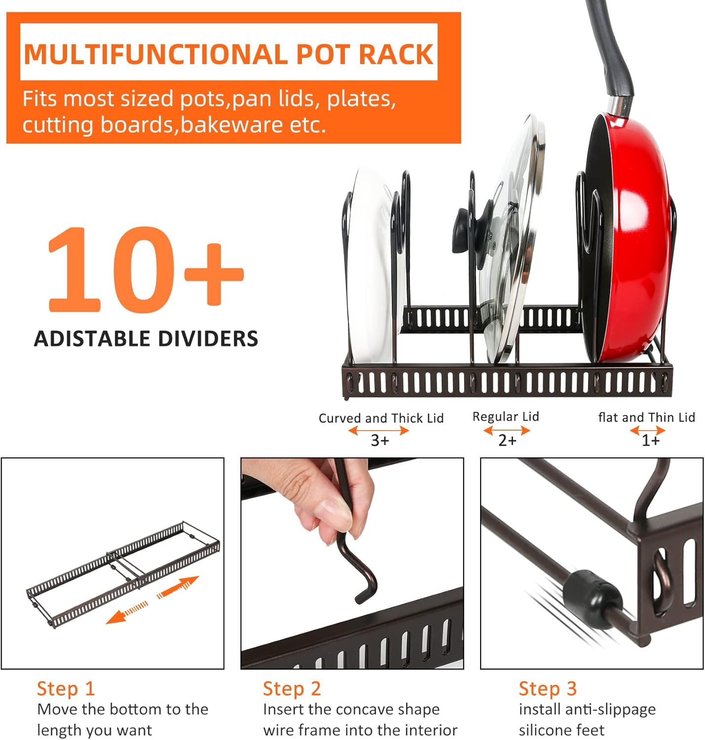 Pot Rack Organizer -Expandable Pot and Pan Organizer for Cabinet,Pot Lid Organizer Holder with 10 Adjustable Compartment for Kitchen Cabinet Cookware Baking Frying Rack,Bronze - Image 5