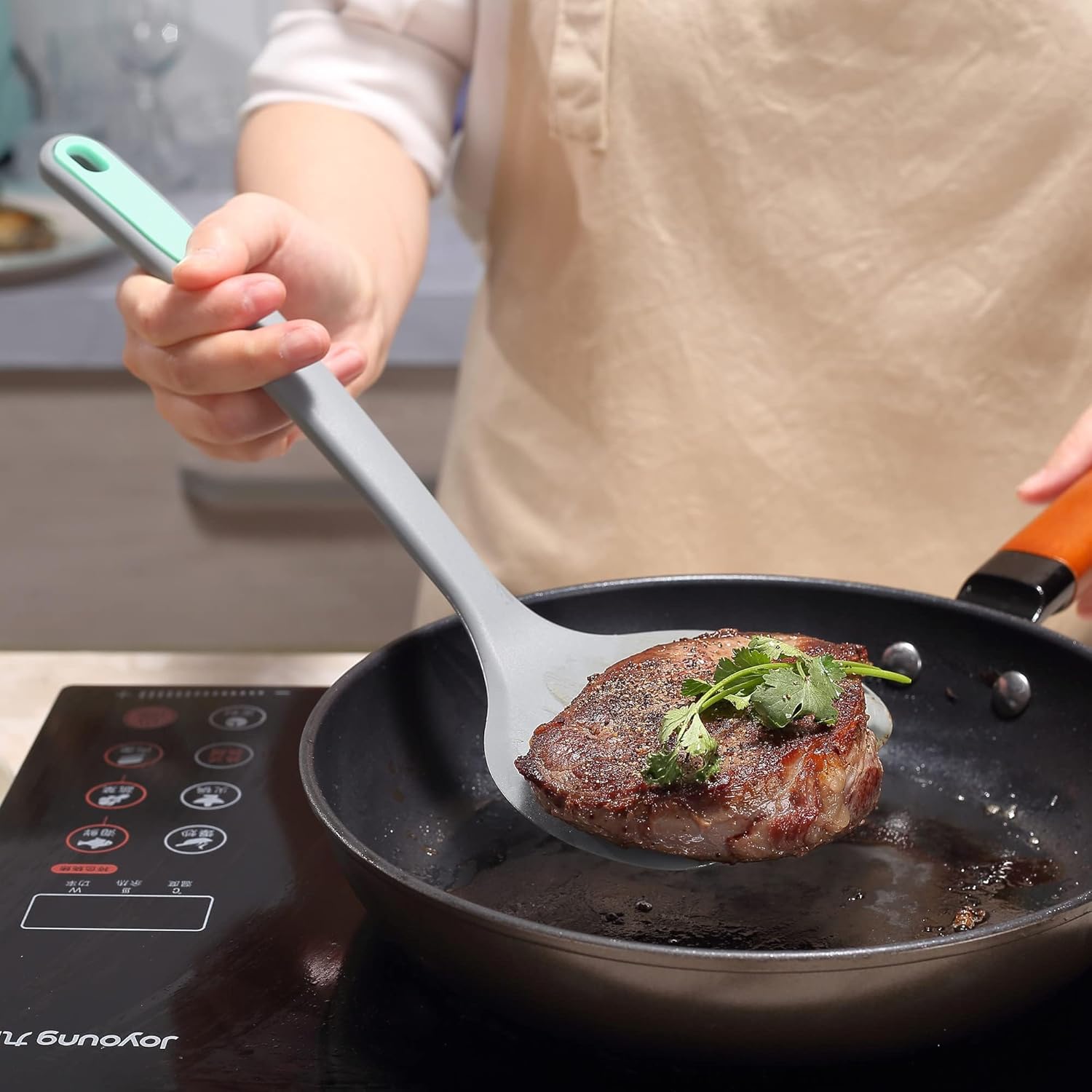 To encounter 5 Pieces Silicone Spatula Set, Non-Stick Silicone Turner Spatulas, Heat Resistance Cooking Utensils, Flip Turner for Fish, Egg, Pancake,Dishwasher Safe, Light Grey - Image 4