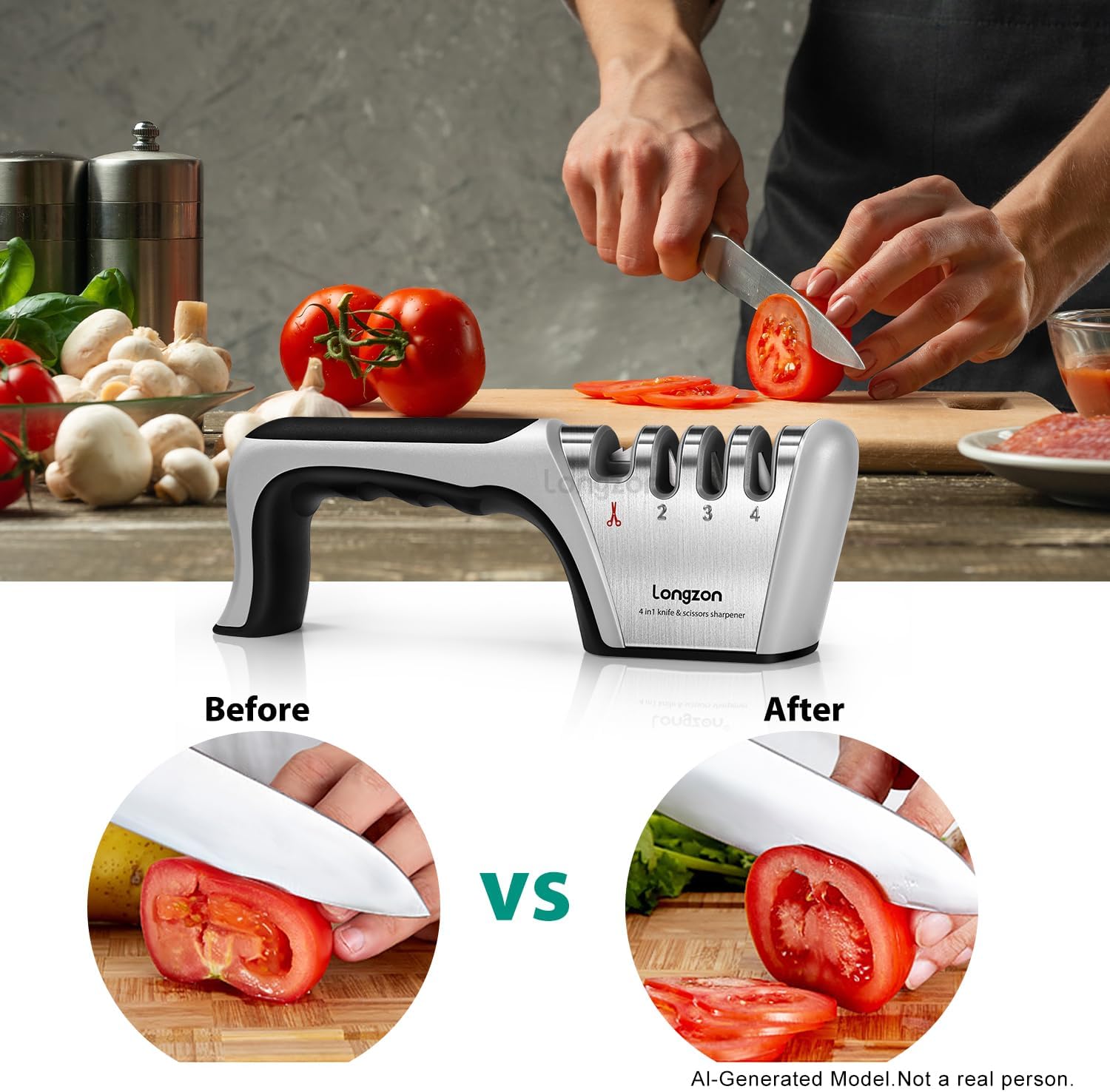 Longzon 5-in-1 Knife Sharpener 4 Stage with Cut-Resistant Glove, Quickly Sharpens & Restores Dull Blades, Easy & Safe for Home Kitchen Use, Fits Most Knives and Scissors, Black+Silver - Image 7