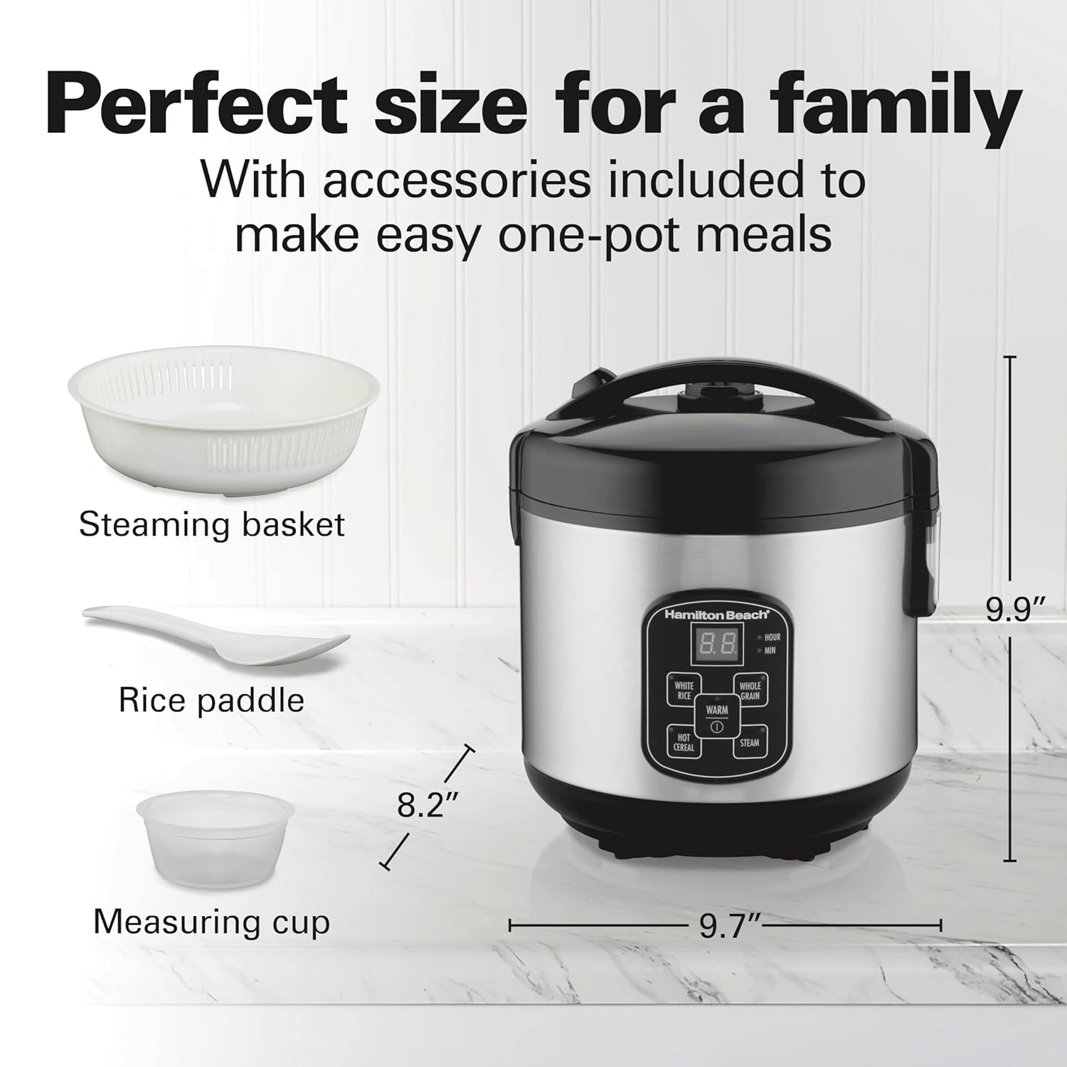 Hamilton Beach Digital Programmable Rice Cooker & Food Steamer, 8 Cups Cooked (4 Uncooked), With Steam & Rinse Basket, Stainless Steel (37518) - Image 3