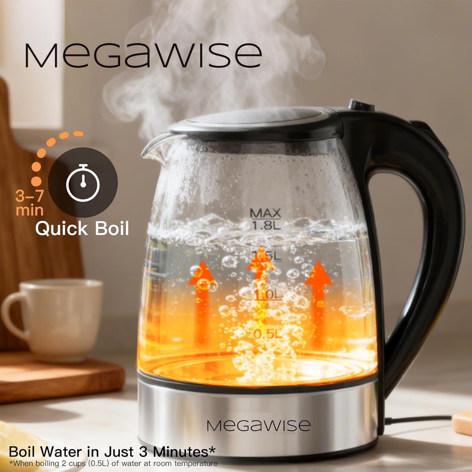 MEGAWISE 1.8L Healthy Electric Kettle, 1800W Borosilicate Glass Tea Kettle with Food Grade Material, Auto Shut-Off and Boil-Dry Protection Cordless Kettle Fast Boiling, BPA Free - Image 3