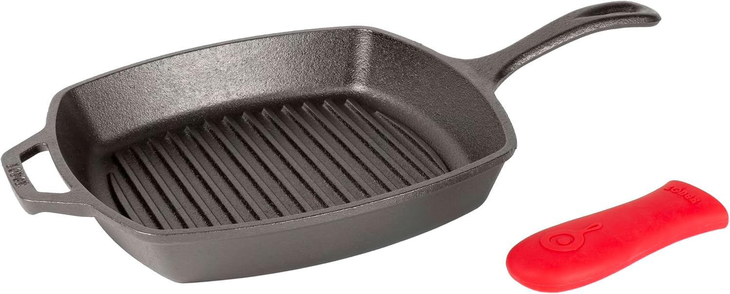Lodge Square Cast Iron Grill Pan 10.5 Inches - Pre-Seasoned Square Skillet - Ridged Burger Grill Pan - Even Heat Distribution - PFAS-Free Non-Toxic Cookware | camping-cooking-utensils
