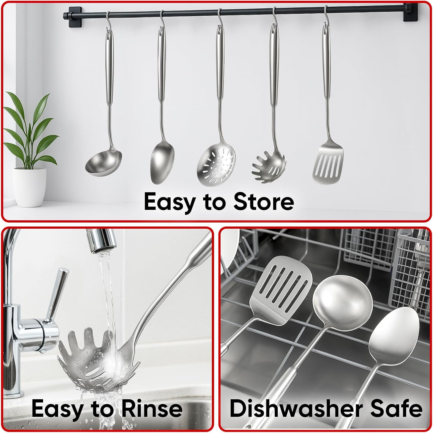 5 Pcs Newness Cooking Utensils Set, 304 Stainless Steel Kitchen Utensils Set, Metal Kitchen Accessories, Include Soup Ladle, Slotted Skimmer Spoon, Spaghetti Spoon and Spatula, Dishwasher Safe - Image 7