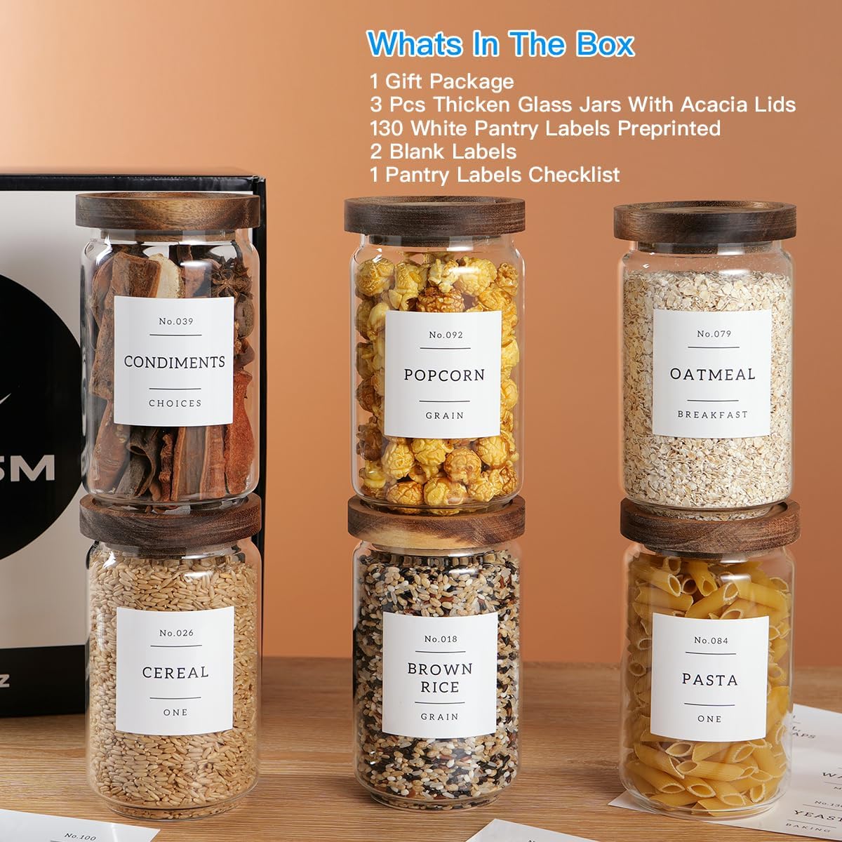 6 Set Glass Pantry Storage Jars with Acacia Airtight Lid - 23oz Thicken Glass Kitchen Canisters with 132 Pantry Labels - Clear Glass Food Storage Containers with Wood Lid for Tea,Sugar,Cookie,Coffee - Image 2