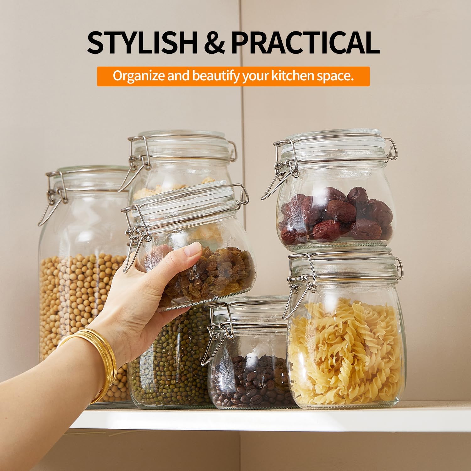 6 Pack 17oz Food Storage Jars with Airtight Lids, Preserving Seal Wire Clip Fastening Glass Containers, Canisters for Kitchen Organization, Flour, Cereal, Pasta, Sugar, Beans, Pickling Jars (17 Oz*6) - Image 3