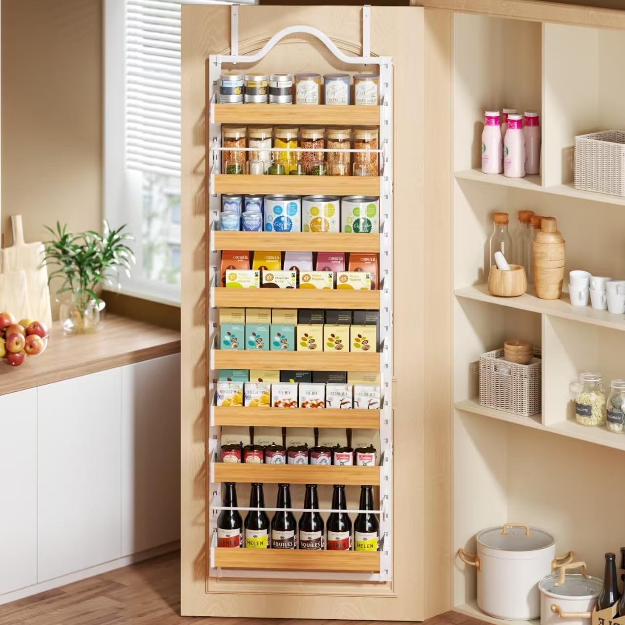 8-Tier Pantry Door Organizer, Over the Door Pantry Organizer with Wooden Adjustable Baskets, 2 IN 1 Spice Rack Wall Mount or Door Organizer, Door Spice Rack for Pantry(72.6×17.1×5.1in,White) - Image 8