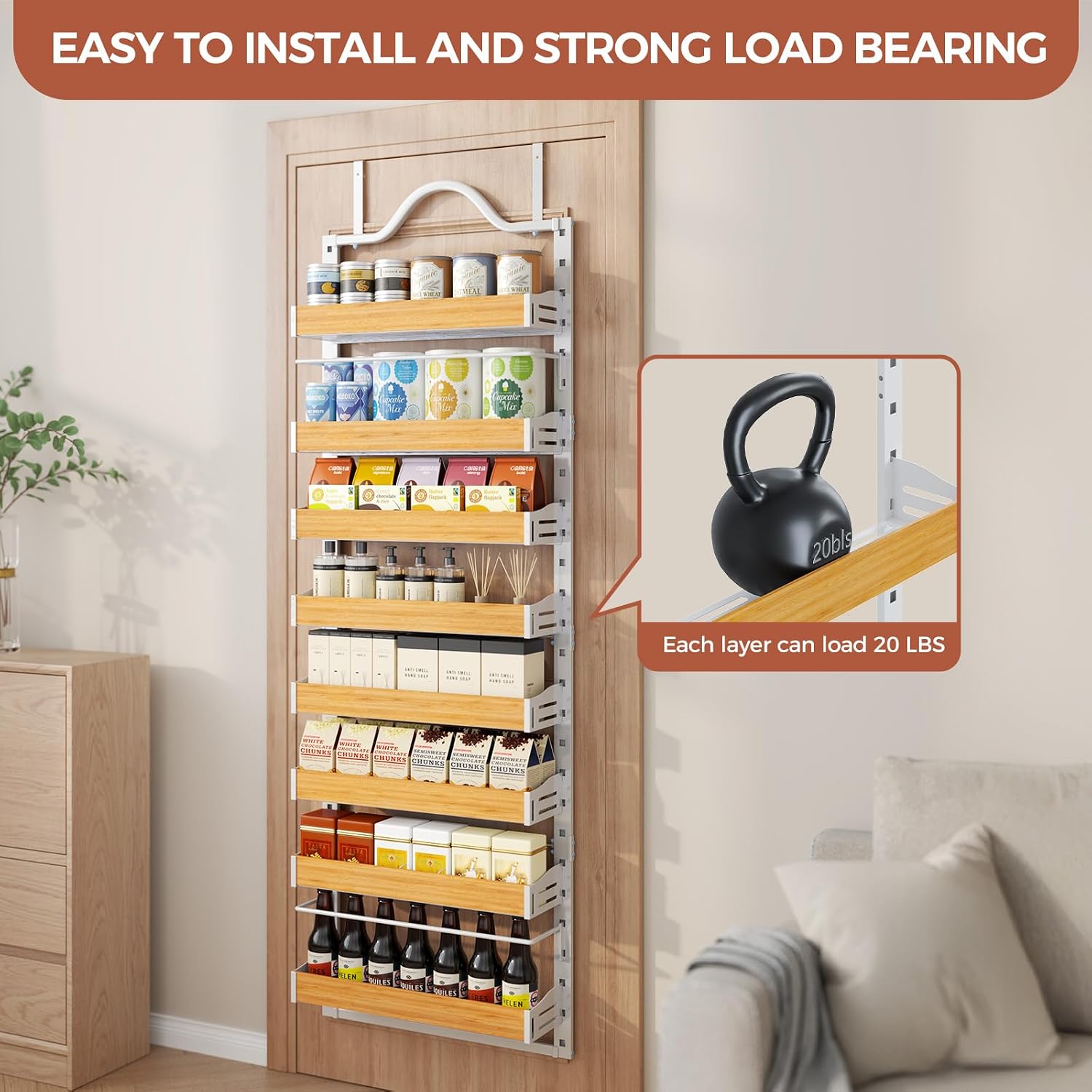 8-Tier Pantry Door Organizer, Over the Door Pantry Organizer with Wooden Adjustable Baskets, 2 IN 1 Spice Rack Wall Mount or Door Organizer, Door Spice Rack for Pantry(72.6×17.1×5.1in,White) - Image 5