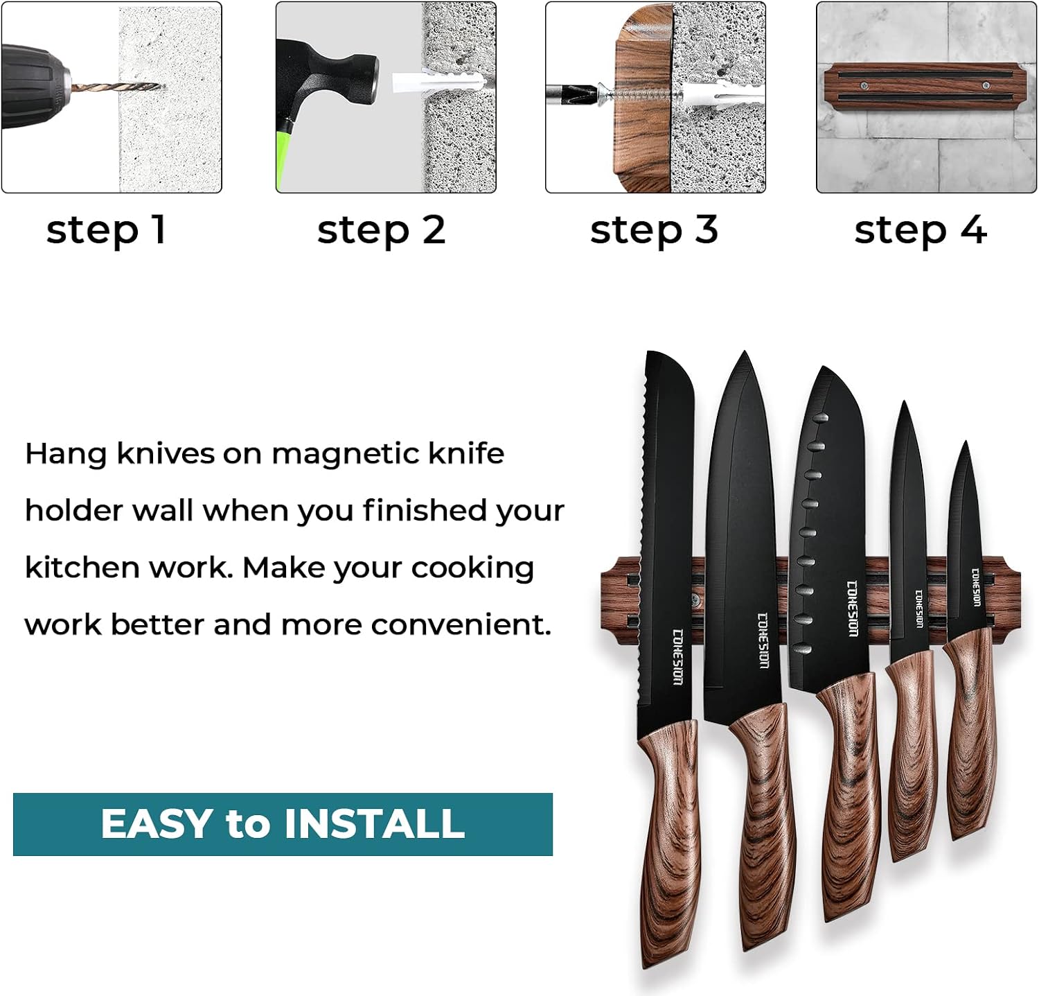 Cohesion 5 PCS Kitchen Knife Set with Magnetic Knife Holder for Wall, Ultra Sharp Chef Boxed Knife Set With Sheathes for Multipurpose Cooking with Ergonomic Handle - Image 6