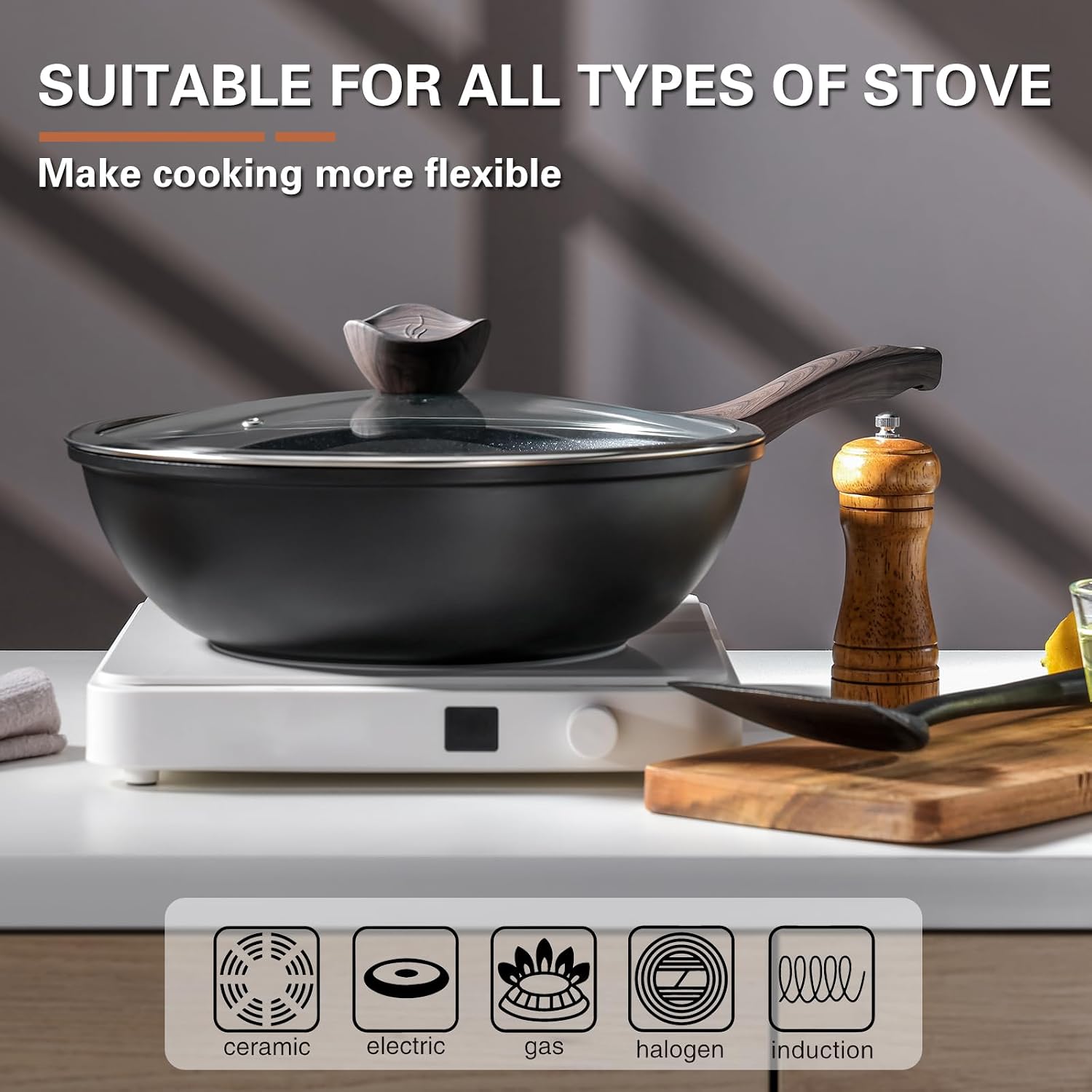 Kordisen Nonstick Wok with Lid, 12 Inch Woks & Stir-fry Pans, Granite Stone Coating for Cooking, Induction Cookware, Compatible with All Stovetops, PFOA Free - Image 2