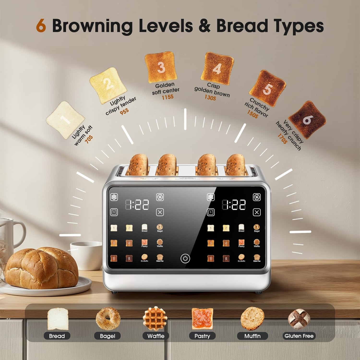 Smart Toaster 4 Slice with Dual Touchscreen & Independent Controls, 1800W Stainless Steel, Wide Slots for 6 Bread Types & Toast Settings,Single-Slice Modes, Defrost, Reheat - Image 3