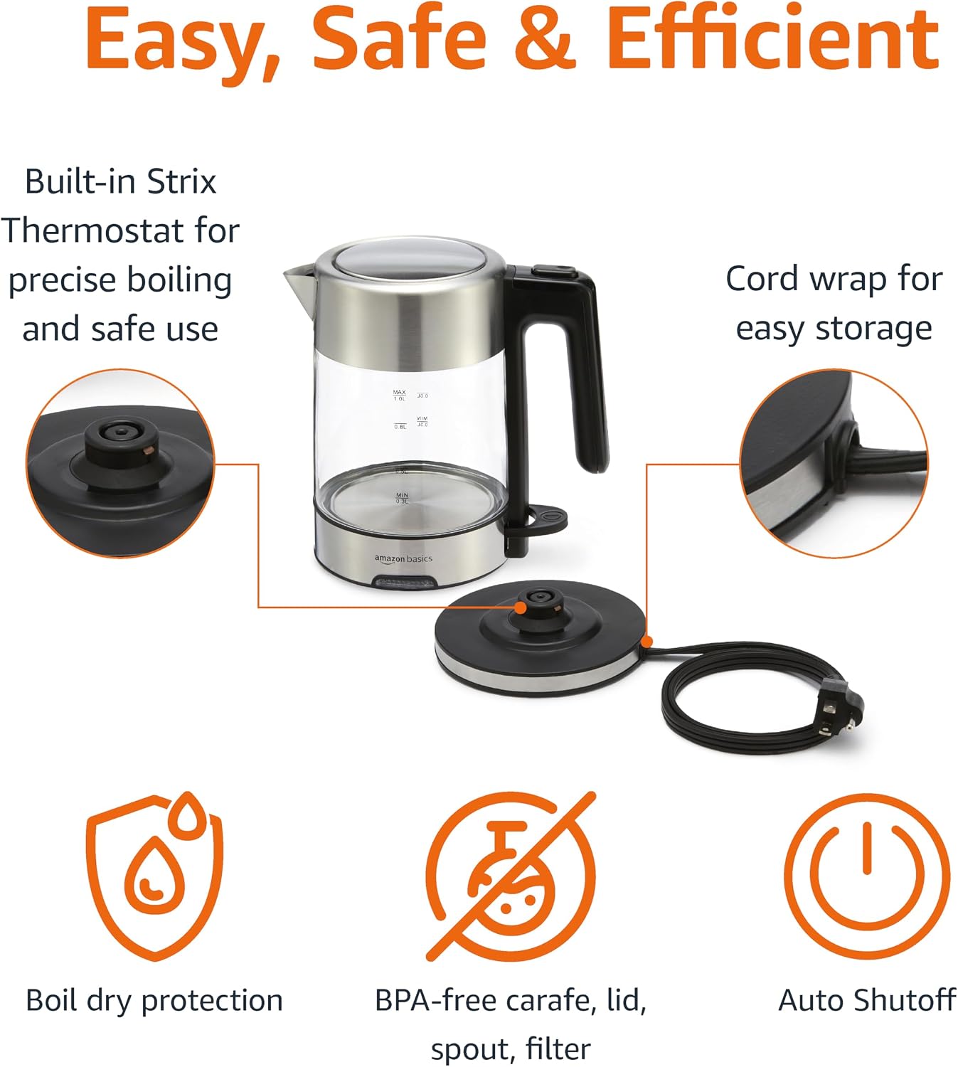 Amazon Basics Electric Kettle with Glass Carafe for Tea and Coffee, Fast Boiling, Auto Shut-Off, Boil-Dry Protection, Temperature Control, Removable Filter, 1 Liter, 1500W, BPA-Free - Image 3