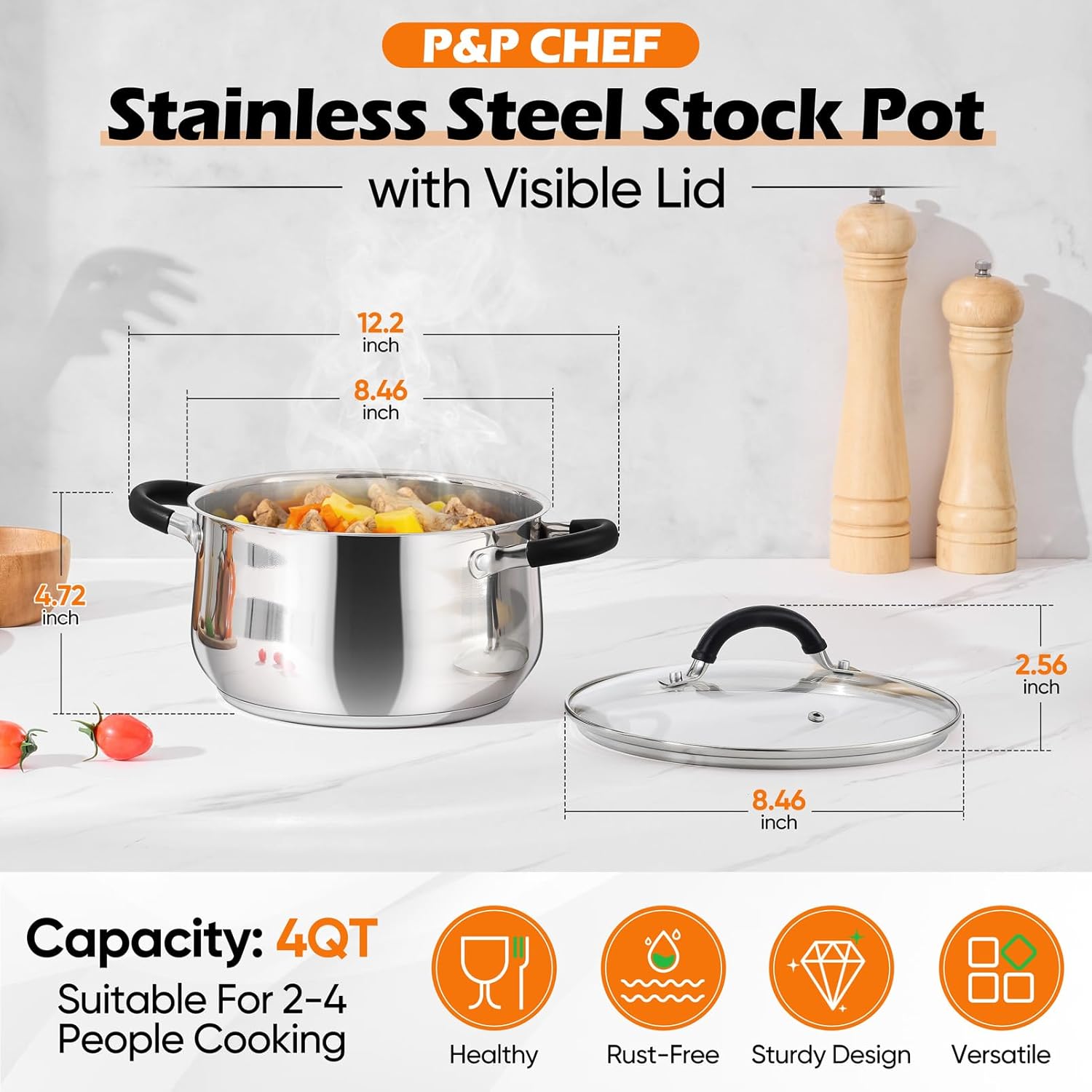 P&P CHEF Stainless Steel Stock Pot, 4 Qt Cooking Soup Pot with Visible Lid for Pasta, Tri-Ply Bottom & Dual Heatproof Handles, For Induction Gas All Stoves, Non-Toxic & Dishwasher Safe - Image 2