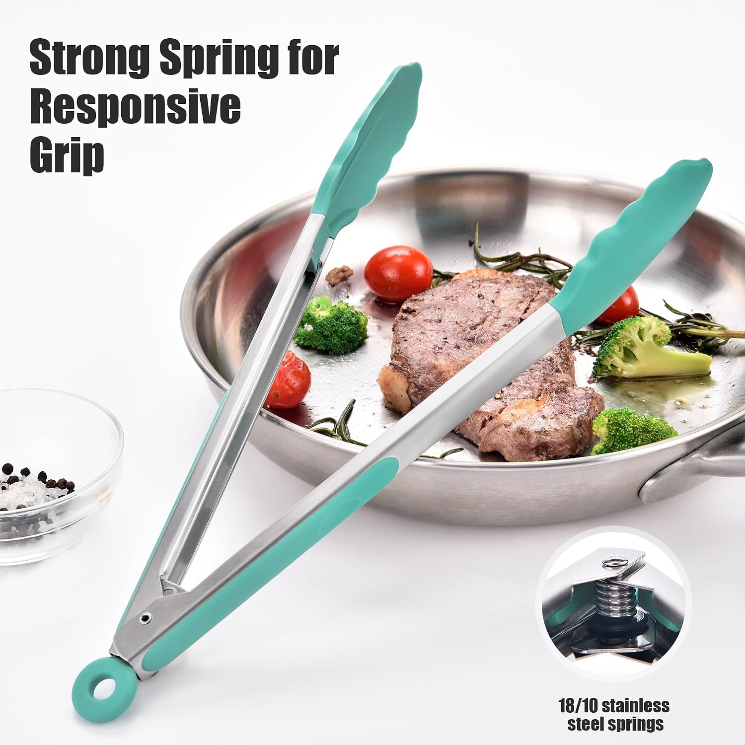 Doosu Kitchen Tongs for Cooking - 600°F Heat Resistant Food Tong with Non-Scratch Silicone Tips, Heavy Duty Stainless Steel Locking Tong for BBQ, Grilling Steak, Serving Salad, Pasta (12in, Aqua Sky) - Image 9