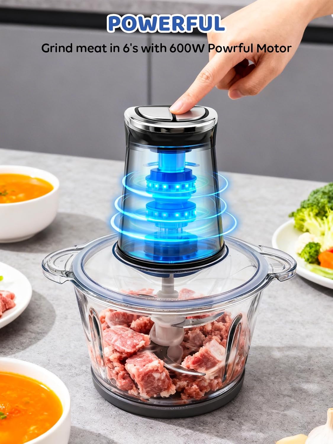 IRIITCH Food Processor with LED Timer, 800W Electric Chopper with 2 Bowls (12-cups Glass Bowl+12 cups Stainless Steel Bowl), 2 Set 6 Bi-Level S-Blades, Meat Grinder for Nuts, Onion, Garlic, Baby Food - Image 5
