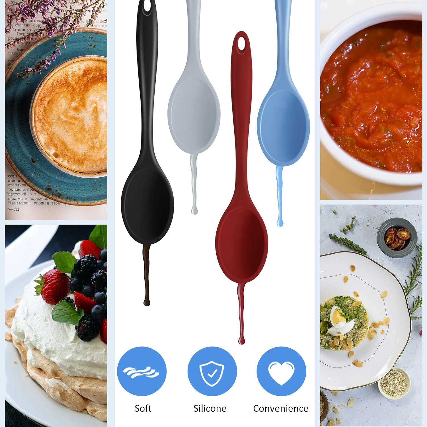 Shappy 4 Pieces Silicone Cooking Spoons 10.6 Inch Heat Resistant Kitchen Spoons for Mixing, Serving and Stirring Upgrade Large Non Stick Basting Utensils, Dishwasher Safe(Spoon,Fashionable Color) - Image 4