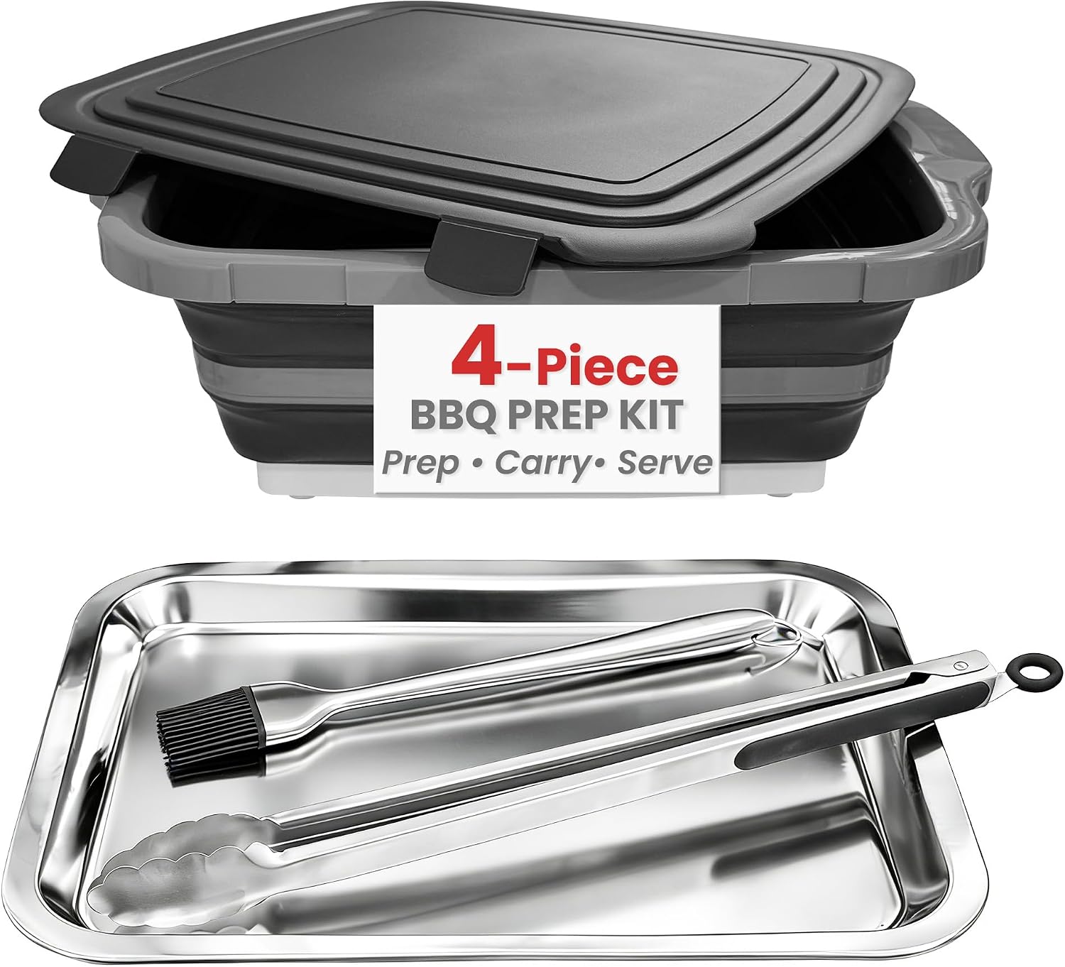 16L Collapsible BBQ Prep Tub Set with Lid, Tray, Tongs & Brush | Prep, Marinate, Carry, Grill & Serve Food in One Organized BBQ System