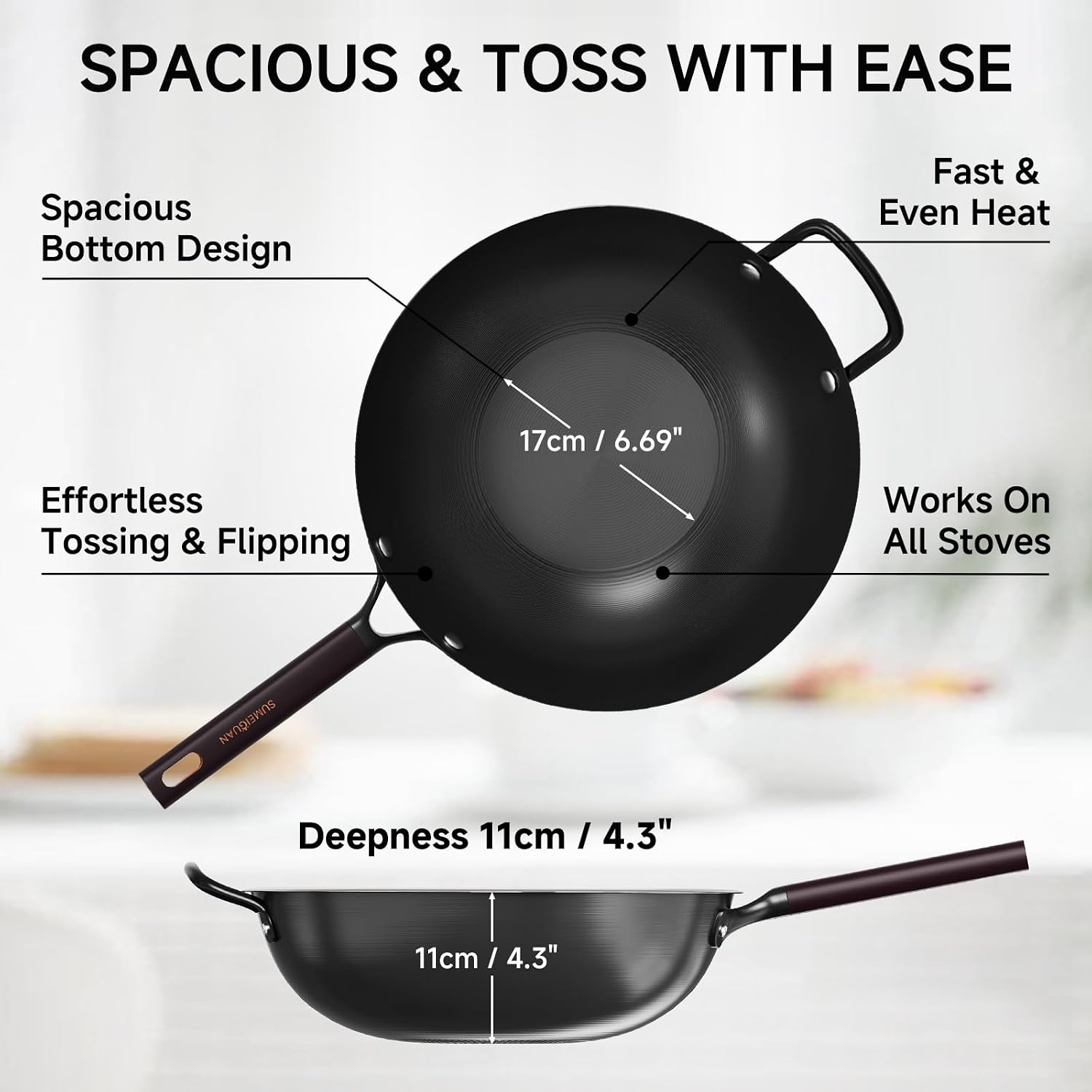 13.5" Carbon Steel Wok Pan - Pre-Seasoned Flat Bottom Woks & Stir-fry Pans Chinese Cookware with Lid & Spatula - For Pan-fry,Stir Fry, Steam, BBQ & Camping - Compatible with Induction, Gas - Image 2