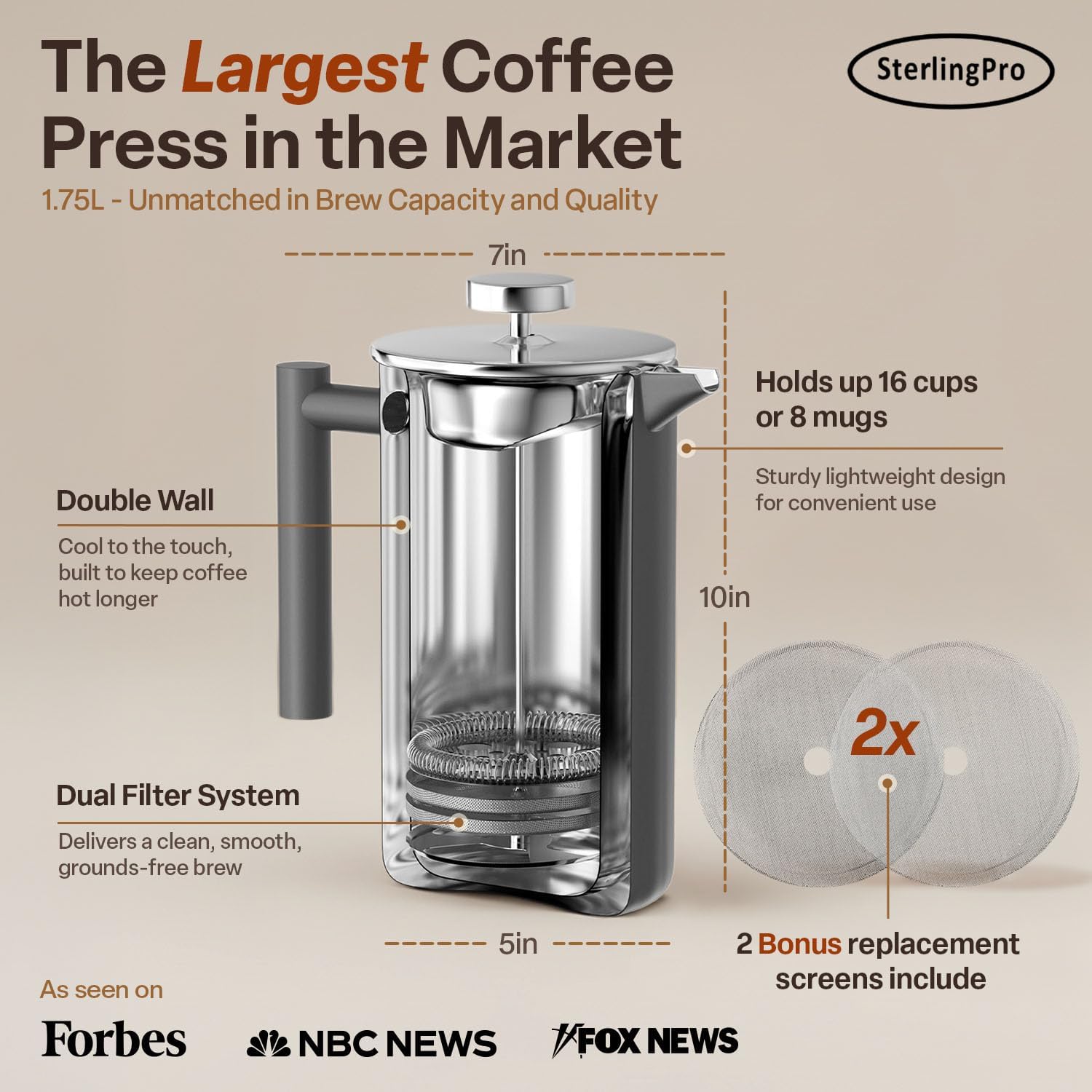 SterlingPro Extra Large Insulated Stainless Steel French Press Coffee Maker 59oz – Insulated Metal XL Double Wall Coffee Maker | Plastic Free | Cool-Touch | Grey Finish | Makes up to 16 Cups / 8 Mugs - Image 3