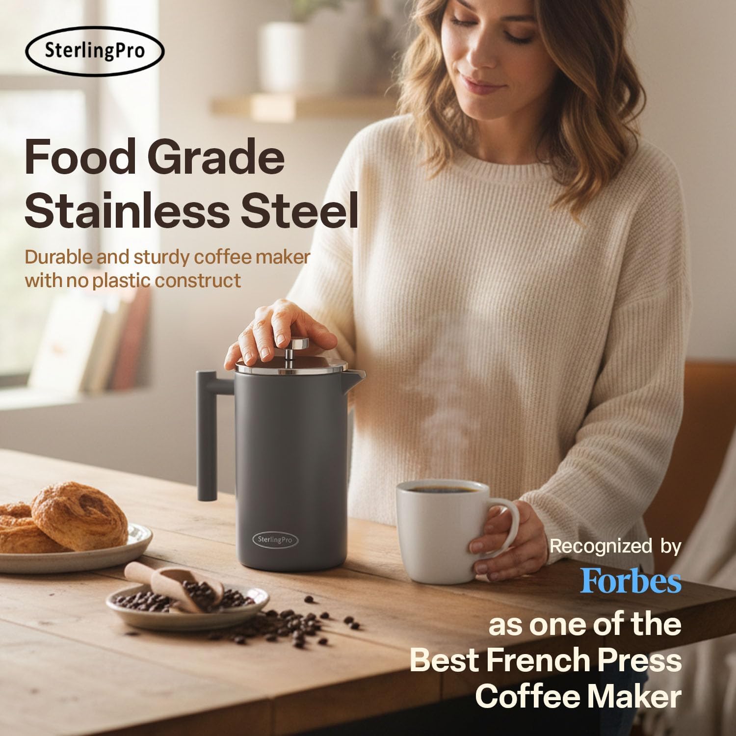 SterlingPro Extra Large Insulated Stainless Steel French Press Coffee Maker 59oz – Insulated Metal XL Double Wall Coffee Maker | Plastic Free | Cool-Touch | Grey Finish | Makes up to 16 Cups / 8 Mugs - Image 5